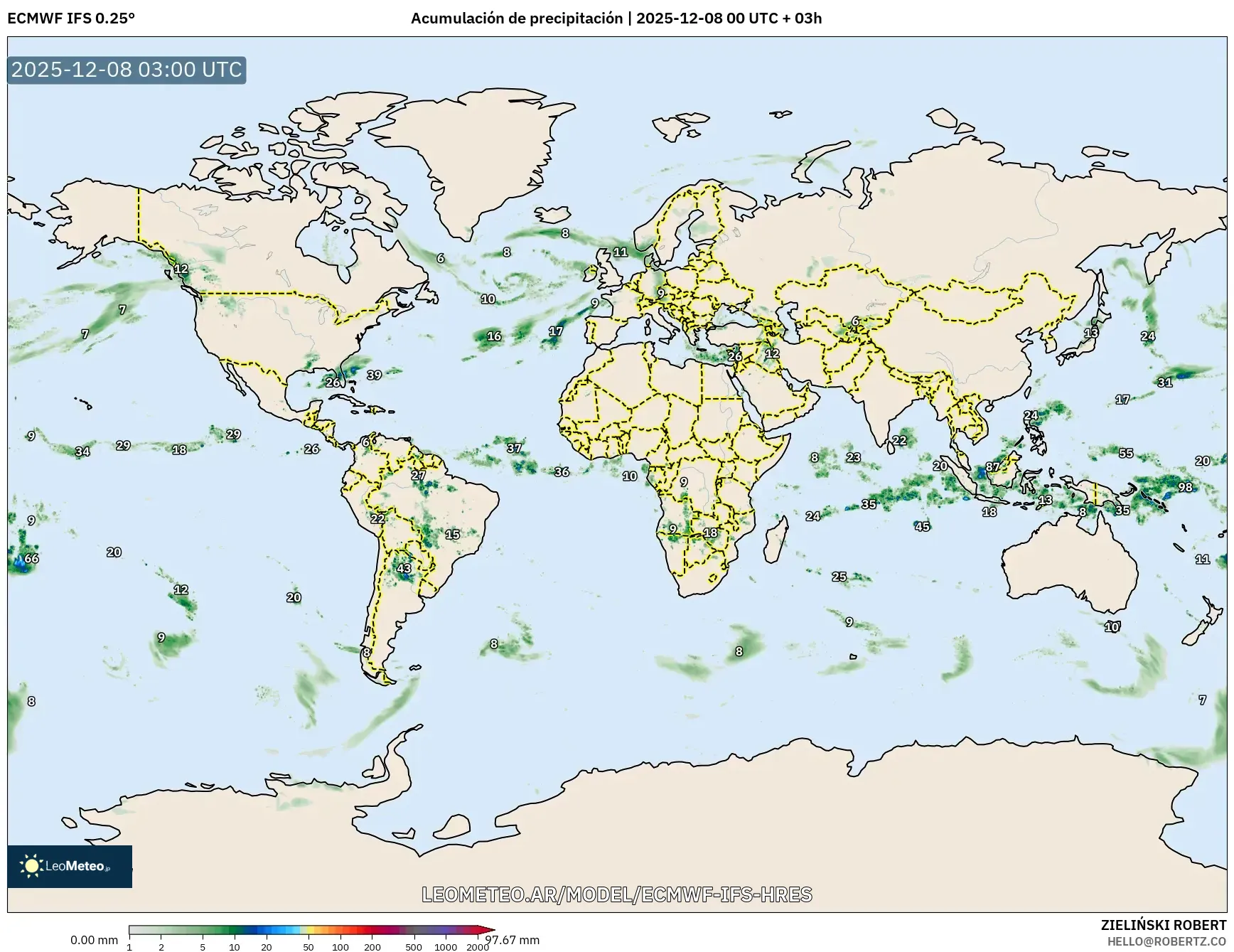 ECMWF IFS 0.25° model - Mundo, Acumulación de precipitación