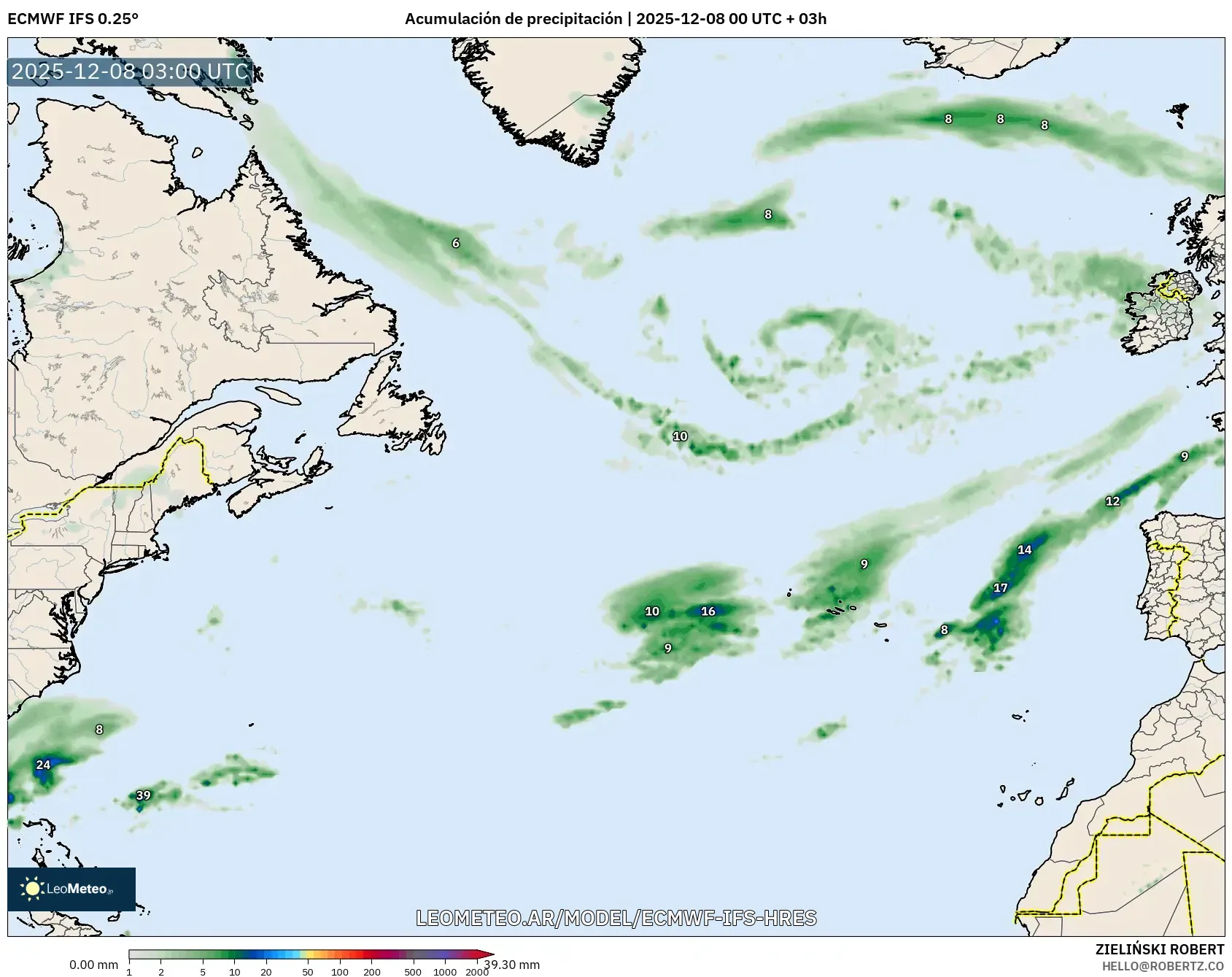 ECMWF IFS 0.25° model - Norte Atlántico, Acumulación de precipitación