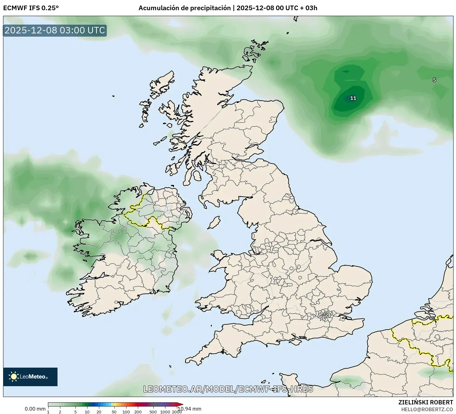 ECMWF IFS 0.25° model - Reino Unido, Acumulación de precipitación