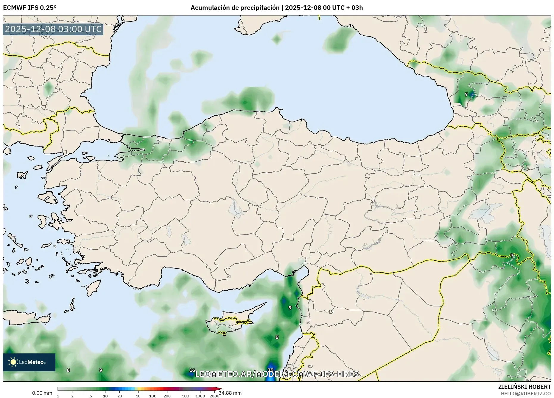 ECMWF IFS 0.25° model - Turquía, Acumulación de precipitación