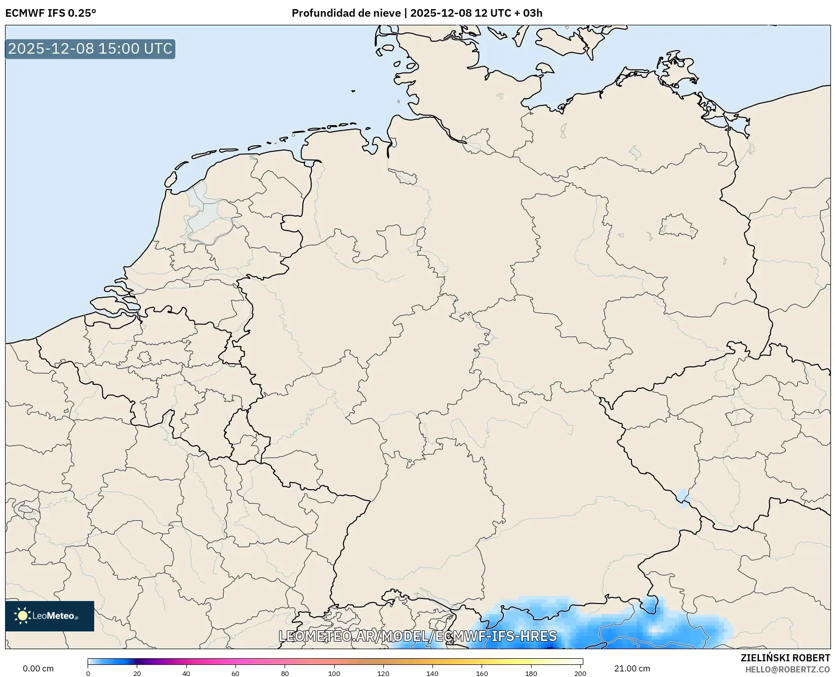 ECMWF IFS 0.25° model - Alemania, Profundidad de nieve