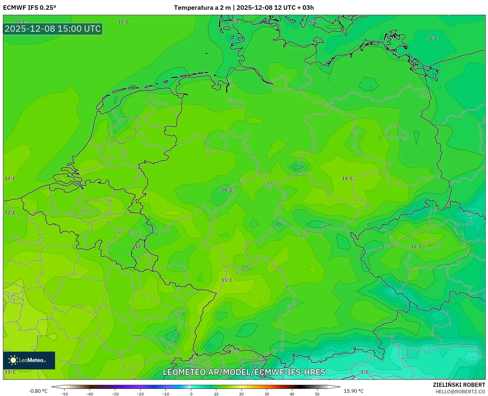 ECMWF IFS 0.25° model - Alemania, Temperatura a 2 m