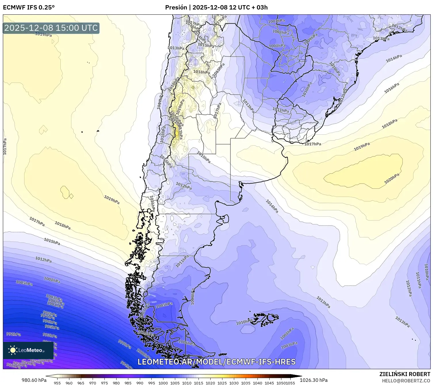 ECMWF IFS 0.25° model - Argentina, Presión