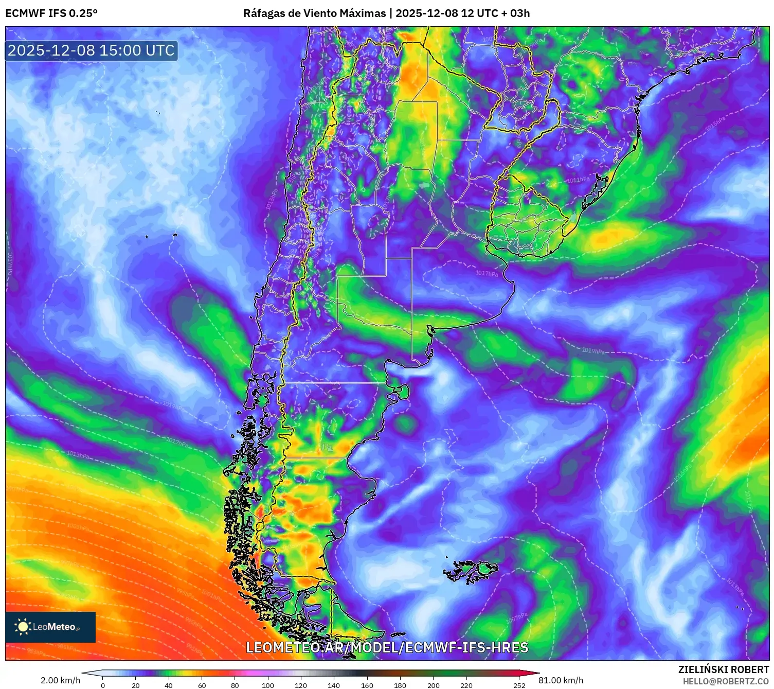 ECMWF IFS 0.25° model - Argentina, Ráfagas de Viento Máximas