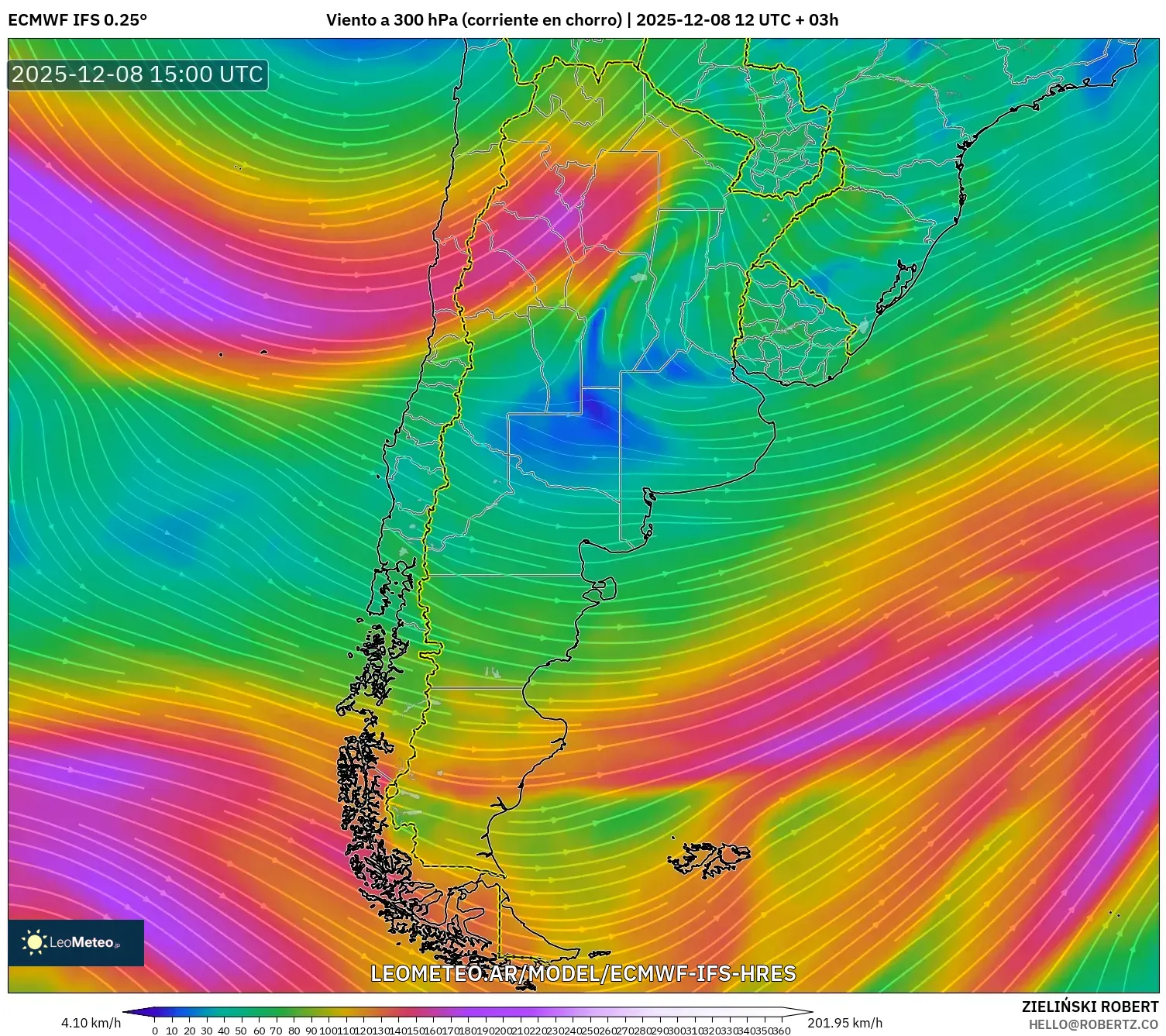 ECMWF IFS 0.25° model - Argentina, Viento a 300 hPa (corriente en chorro)