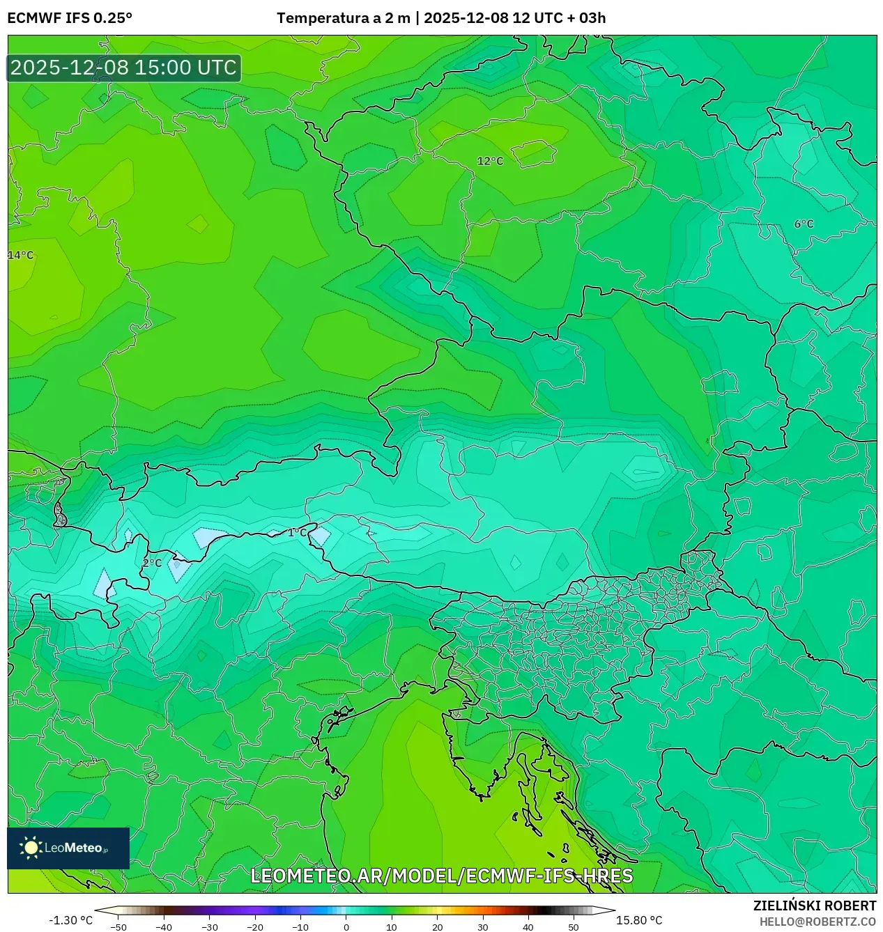 ECMWF IFS 0.25° model - Austria, Temperatura a 2 m