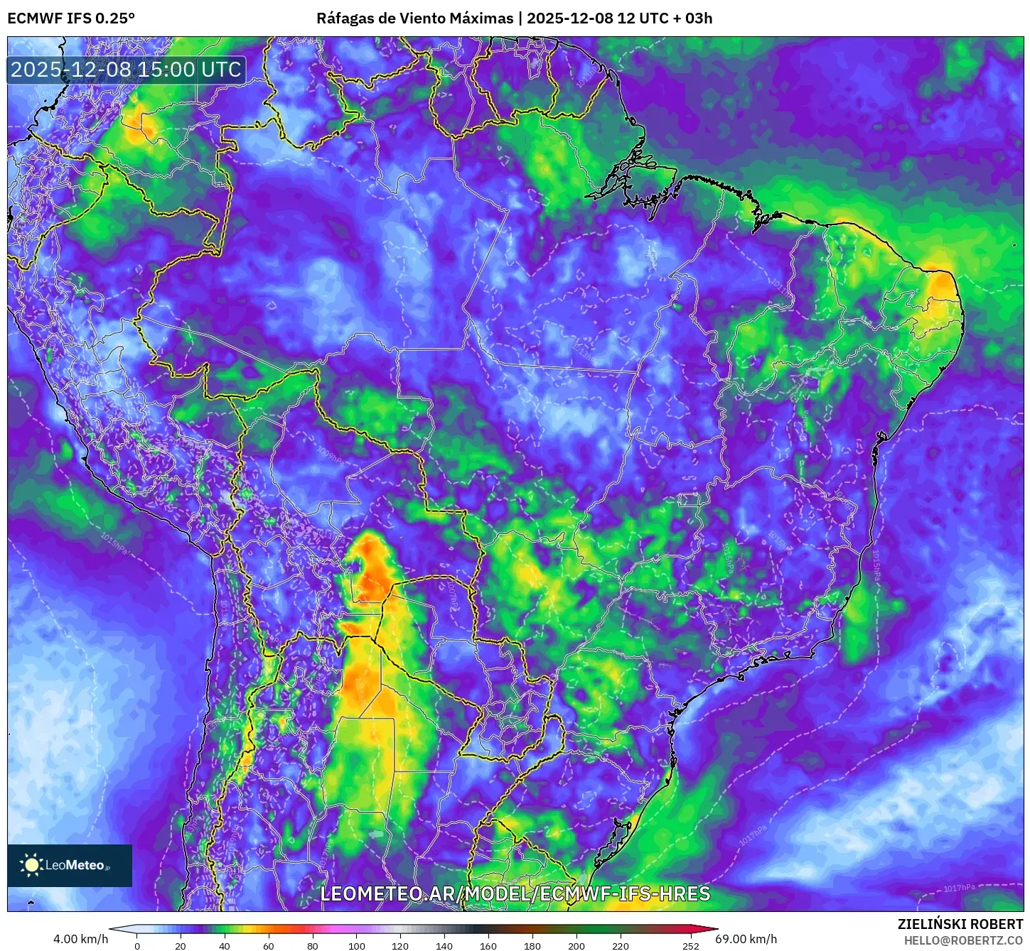 ECMWF IFS 0.25° model - Brasil, Ráfagas de Viento Máximas