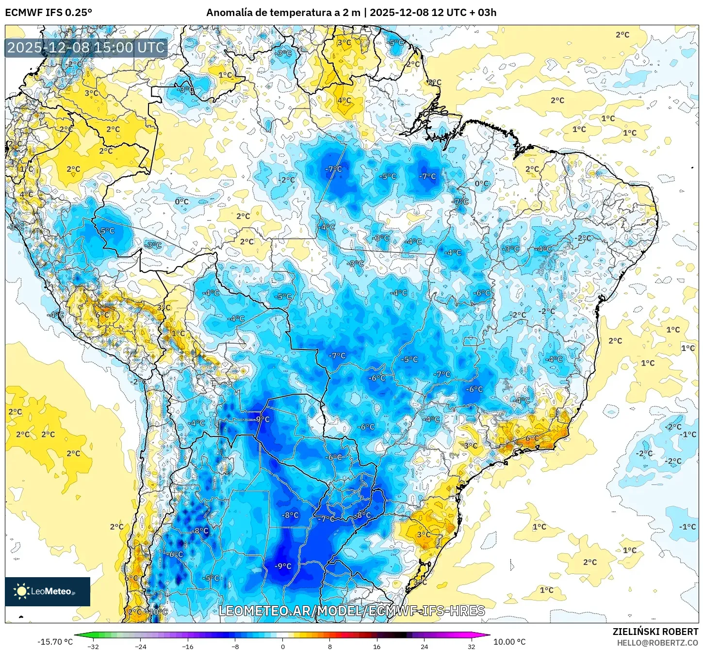 ECMWF IFS 0.25° model - Brasil, Anomalía de temperatura a 2 m