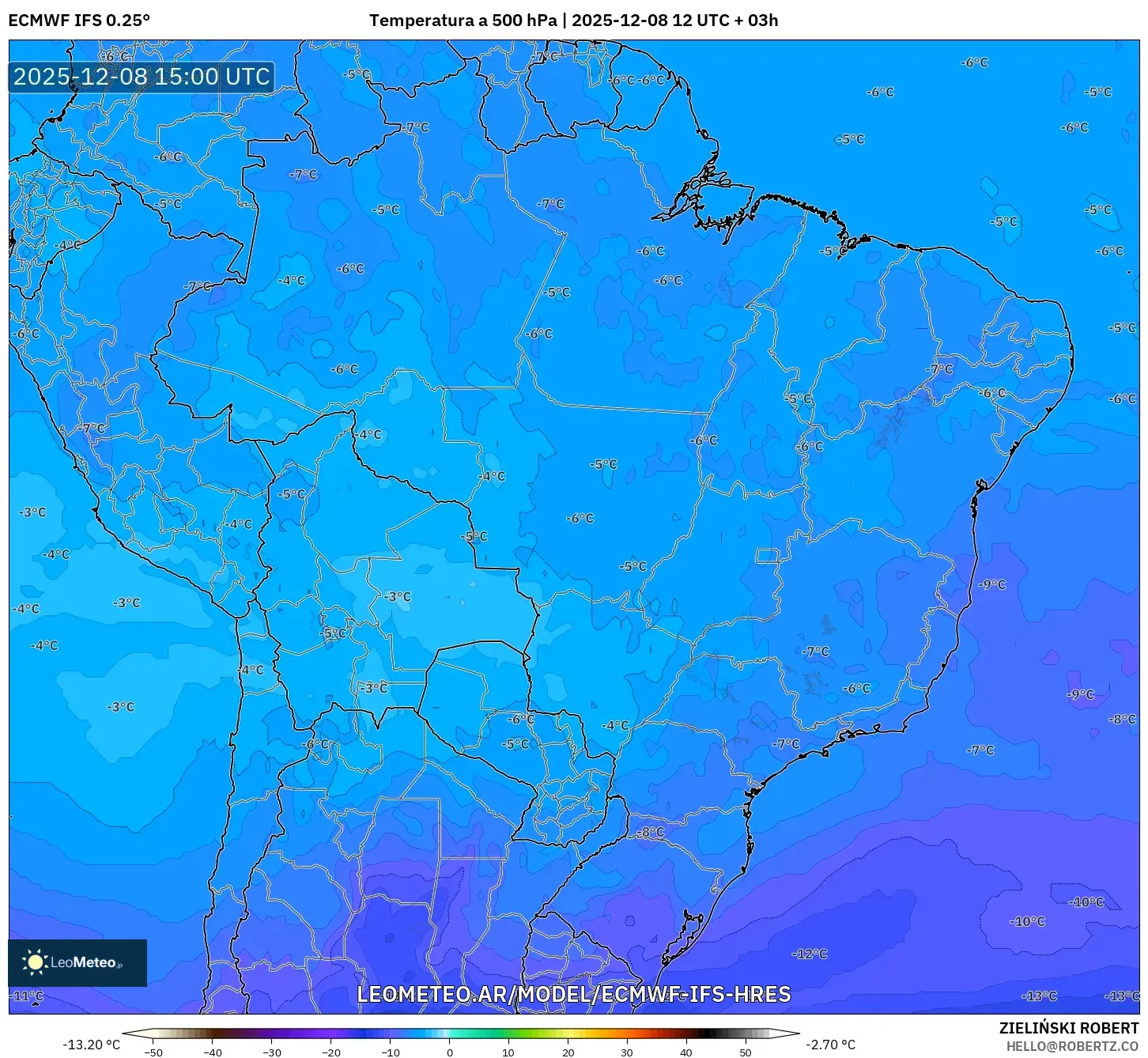 ECMWF IFS 0.25° model - Brasil, Temperatura a 500 hPa