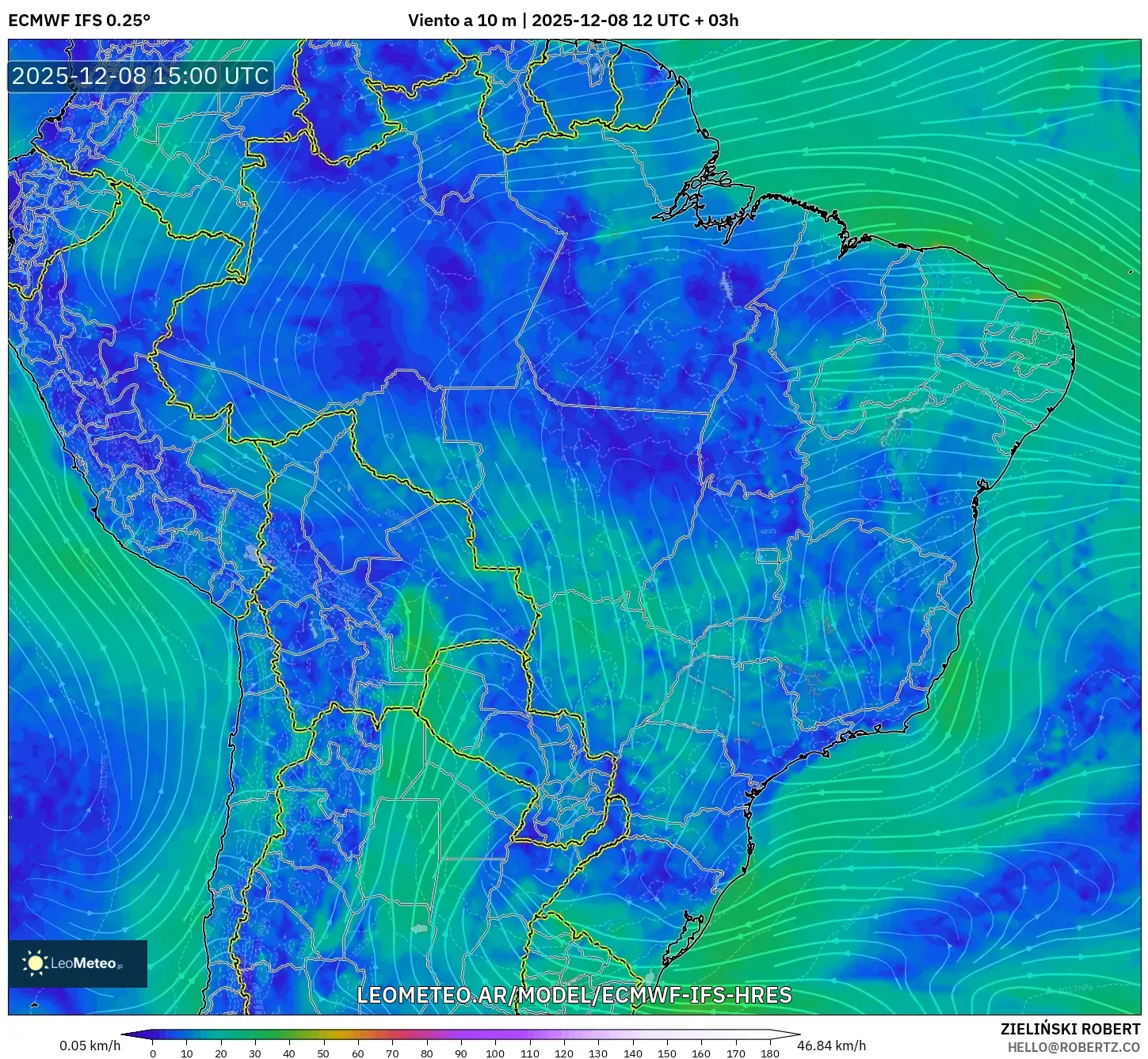 ECMWF IFS 0.25° model - Brasil, Viento a 10 m