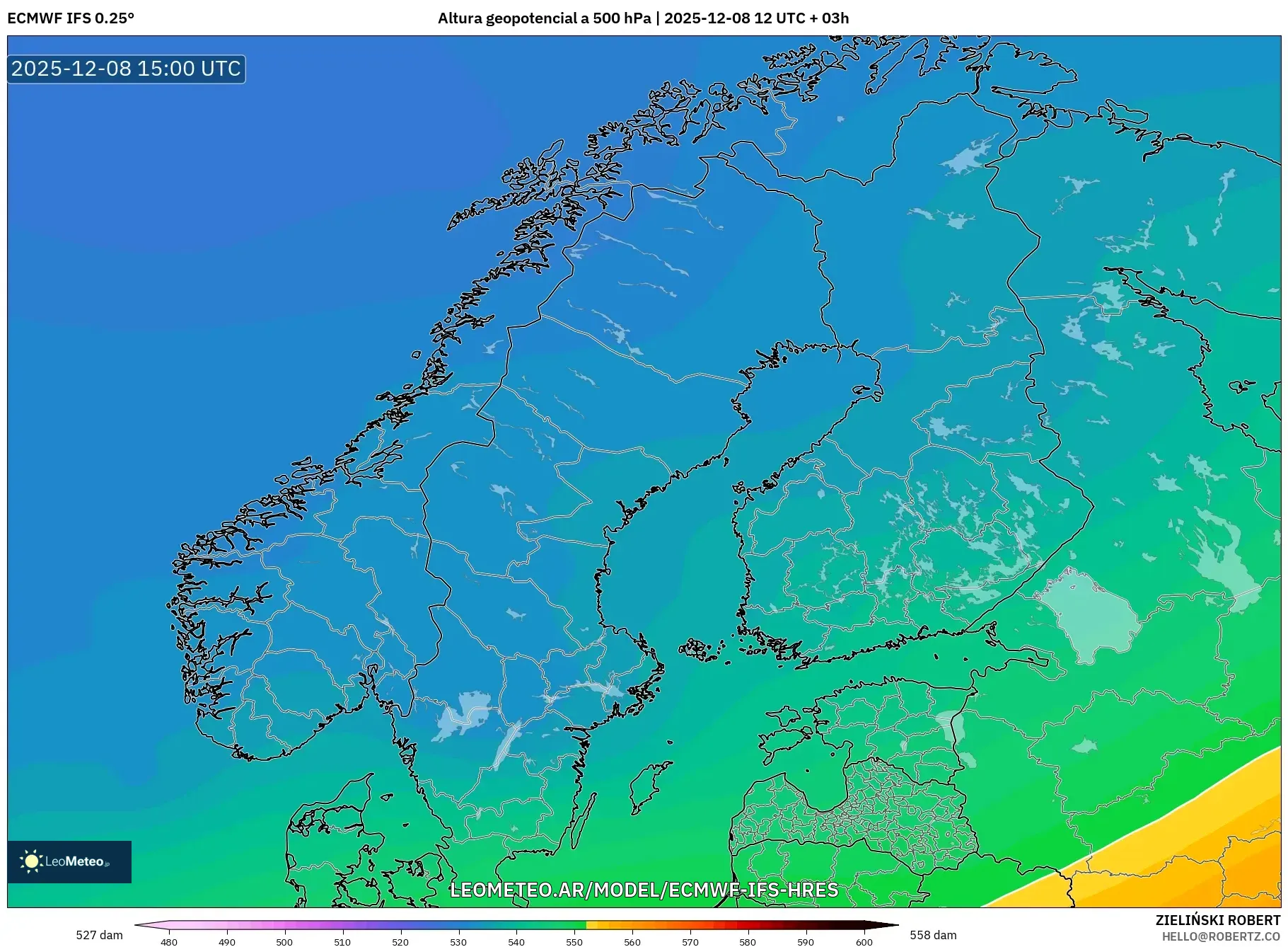 ECMWF IFS 0.25° model - Escandinavia, Altura geopotencial a 500 hPa