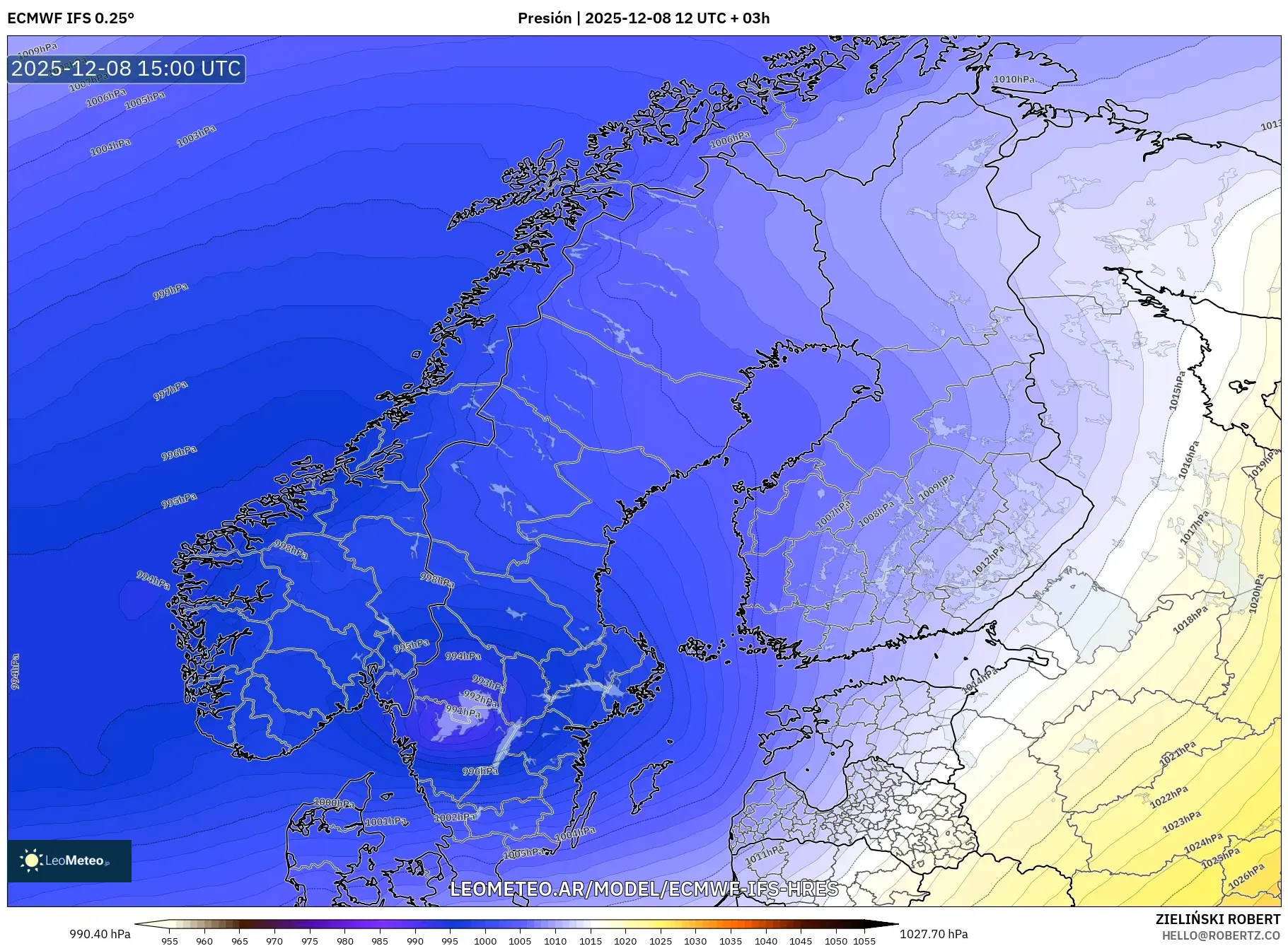 ECMWF IFS 0.25° model - Escandinavia, Presión