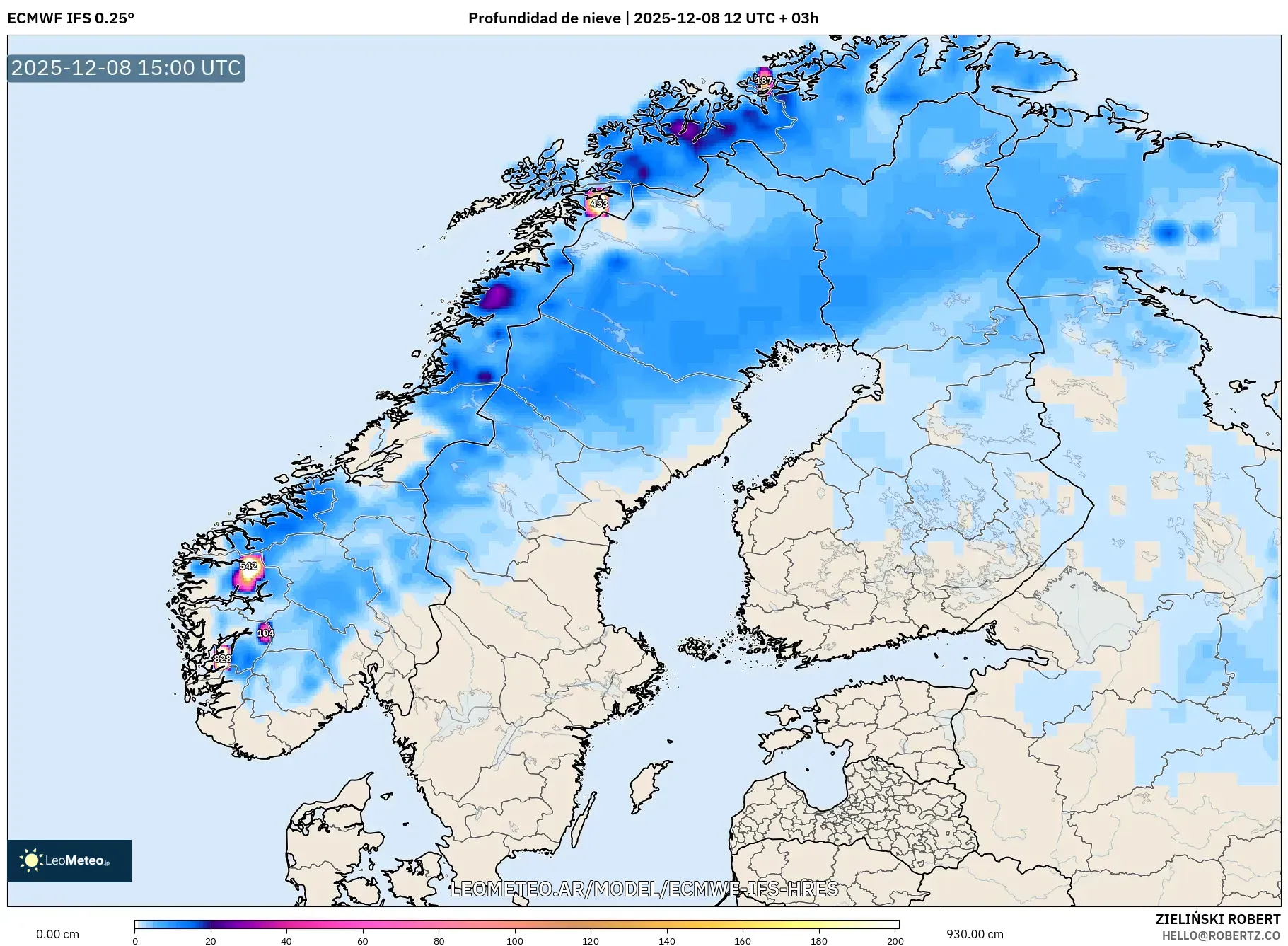 ECMWF IFS 0.25° model - Escandinavia, Profundidad de nieve