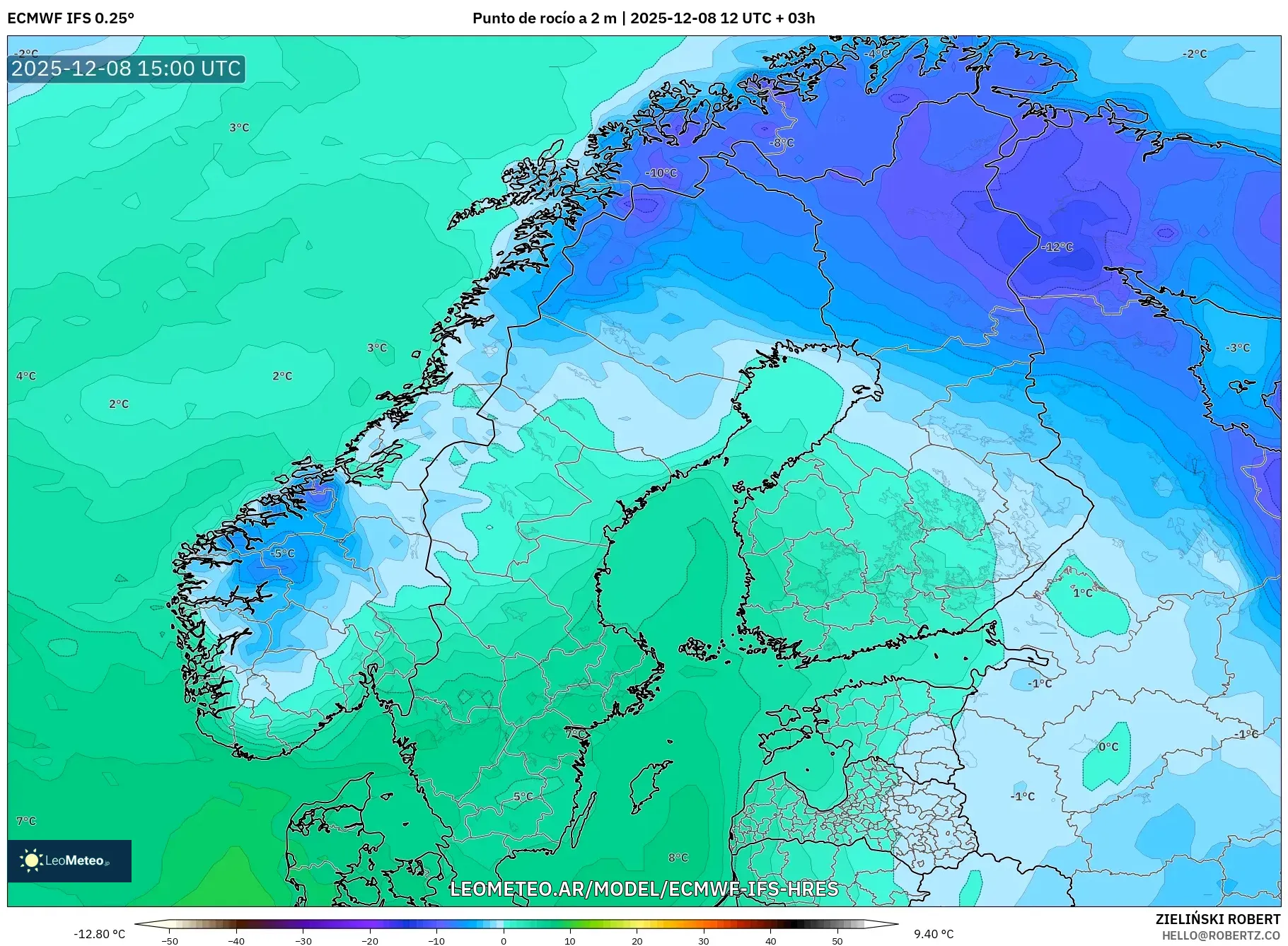 ECMWF IFS 0.25° model - Escandinavia, Punto de rocío a 2 m