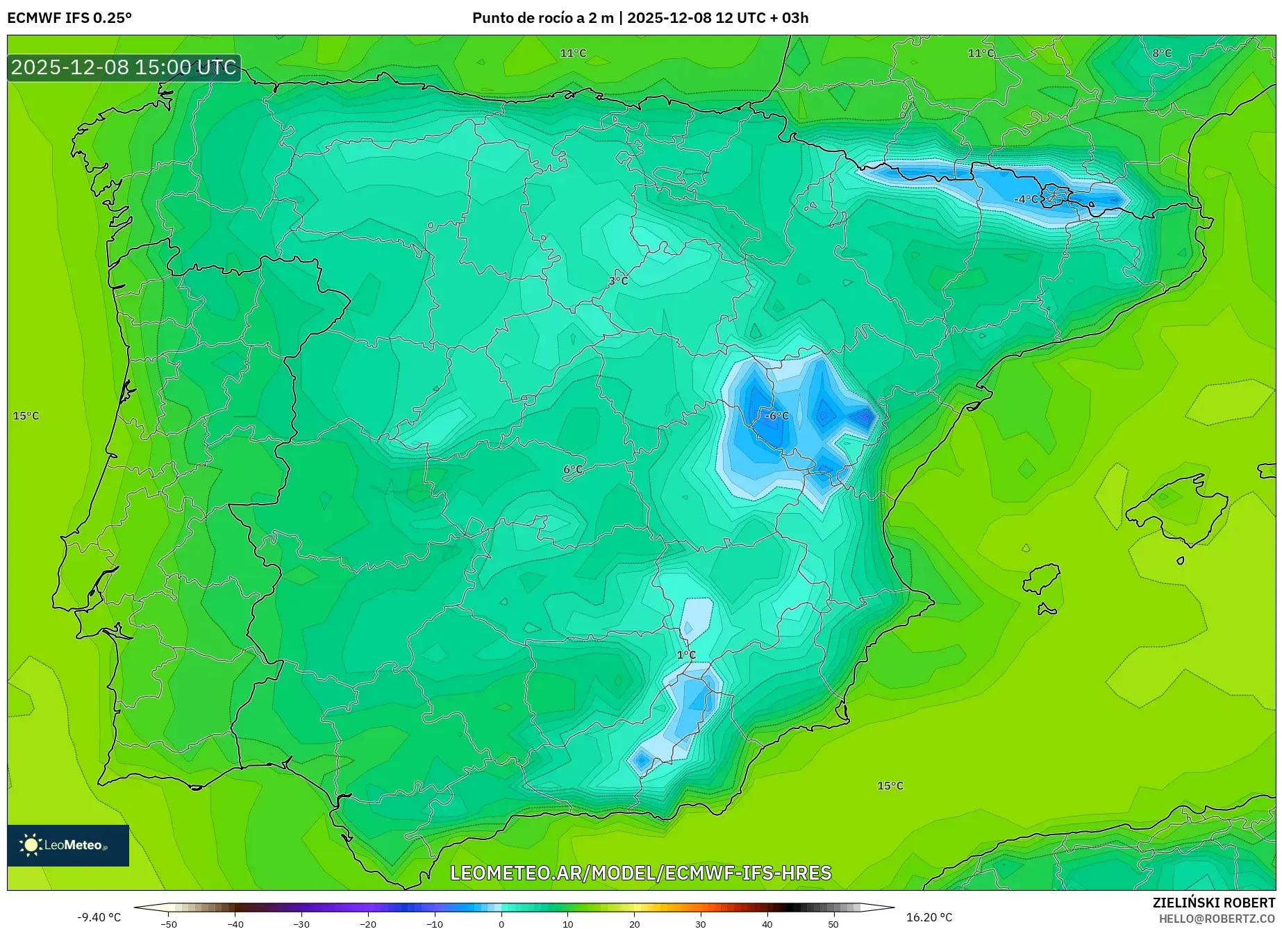 ECMWF IFS 0.25° model - España, Punto de rocío a 2 m