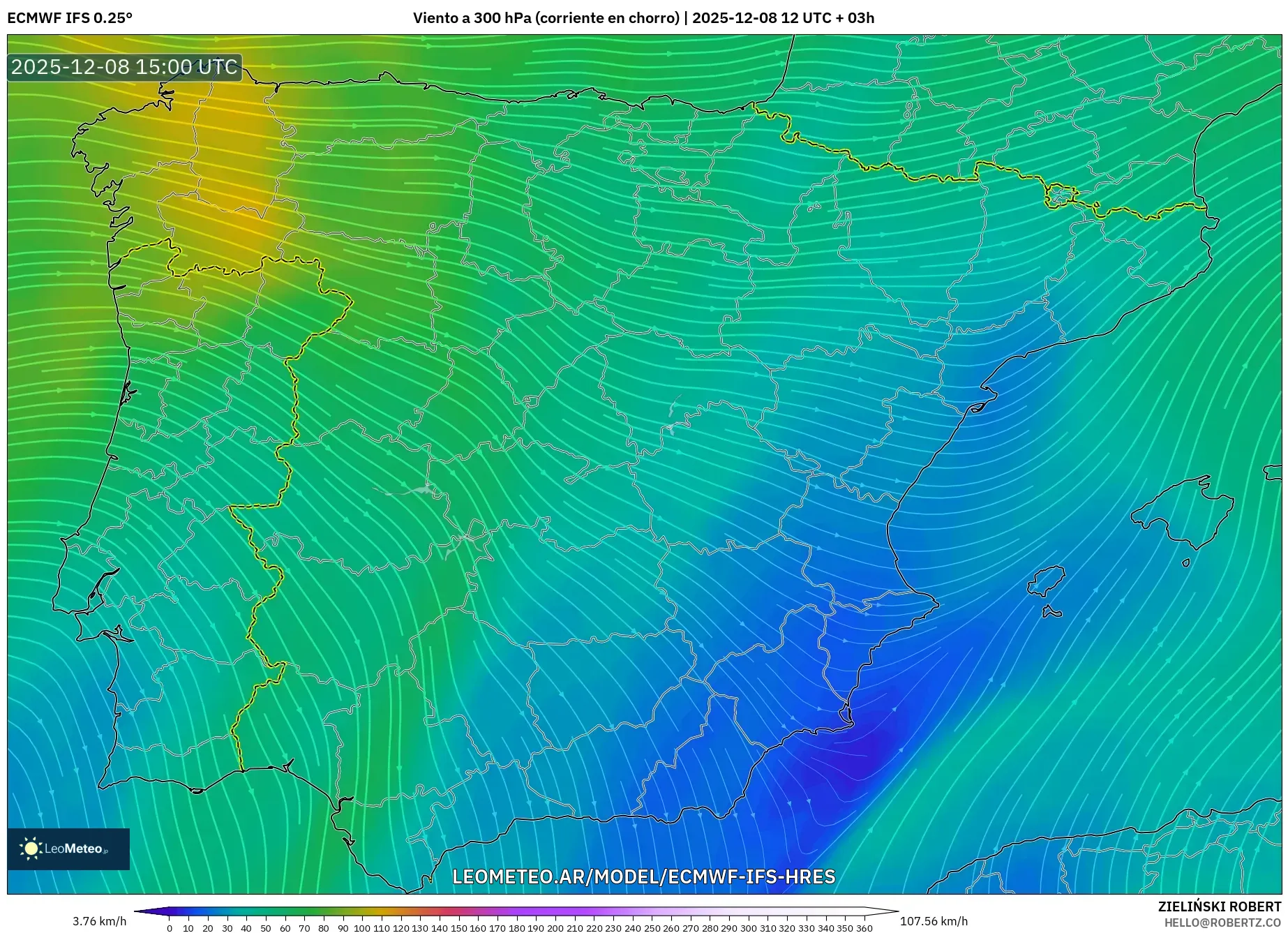 ECMWF IFS 0.25° model - España, Viento a 300 hPa (corriente en chorro)