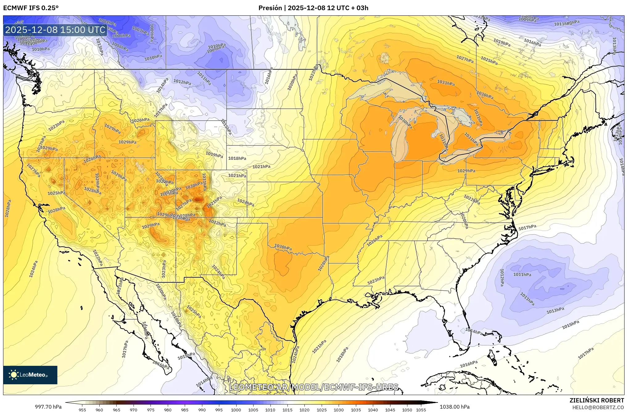 ECMWF IFS 0.25° model - Estados Unidos, Presión