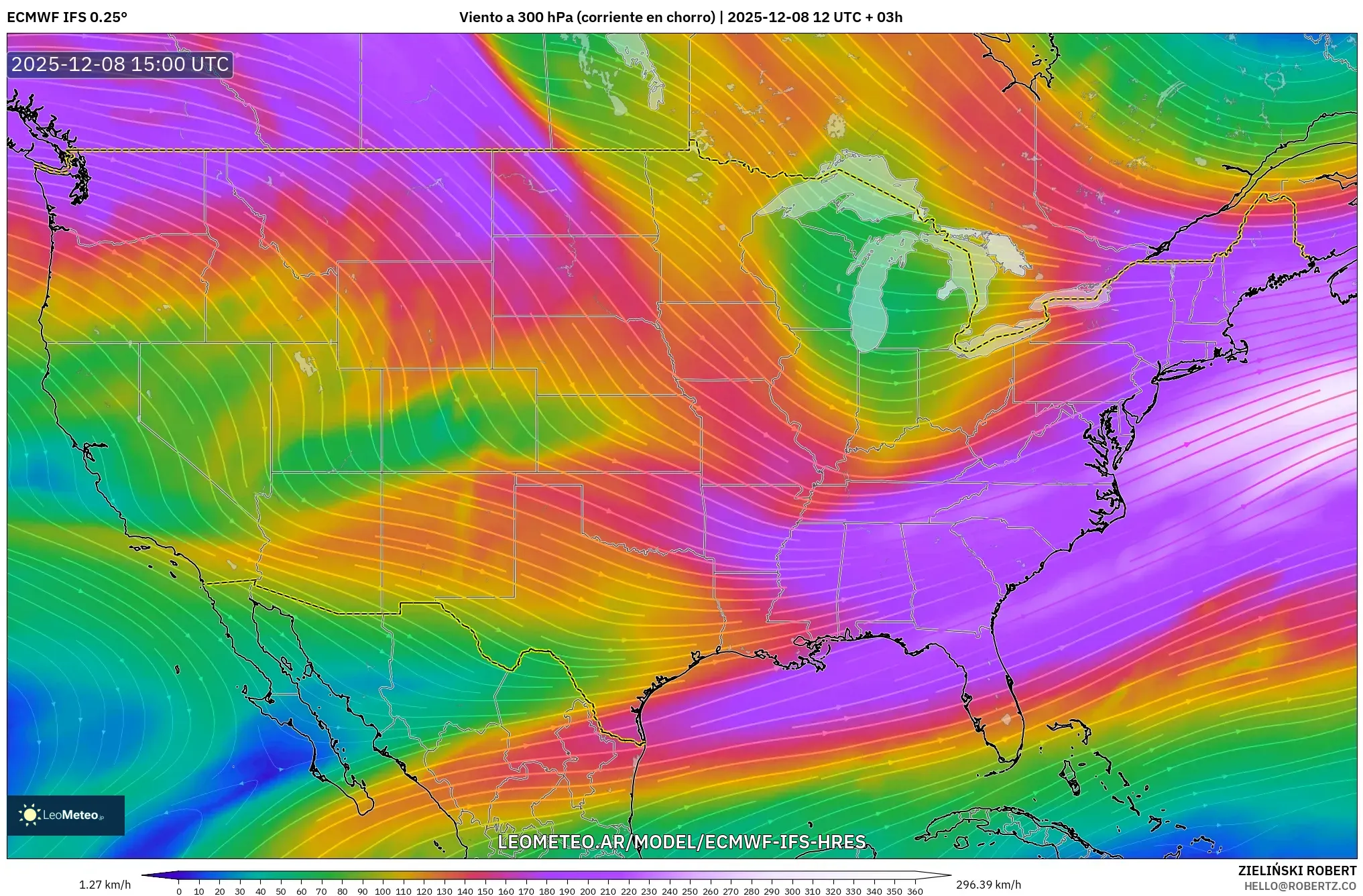 ECMWF IFS 0.25° model - Estados Unidos, Viento a 300 hPa (corriente en chorro)