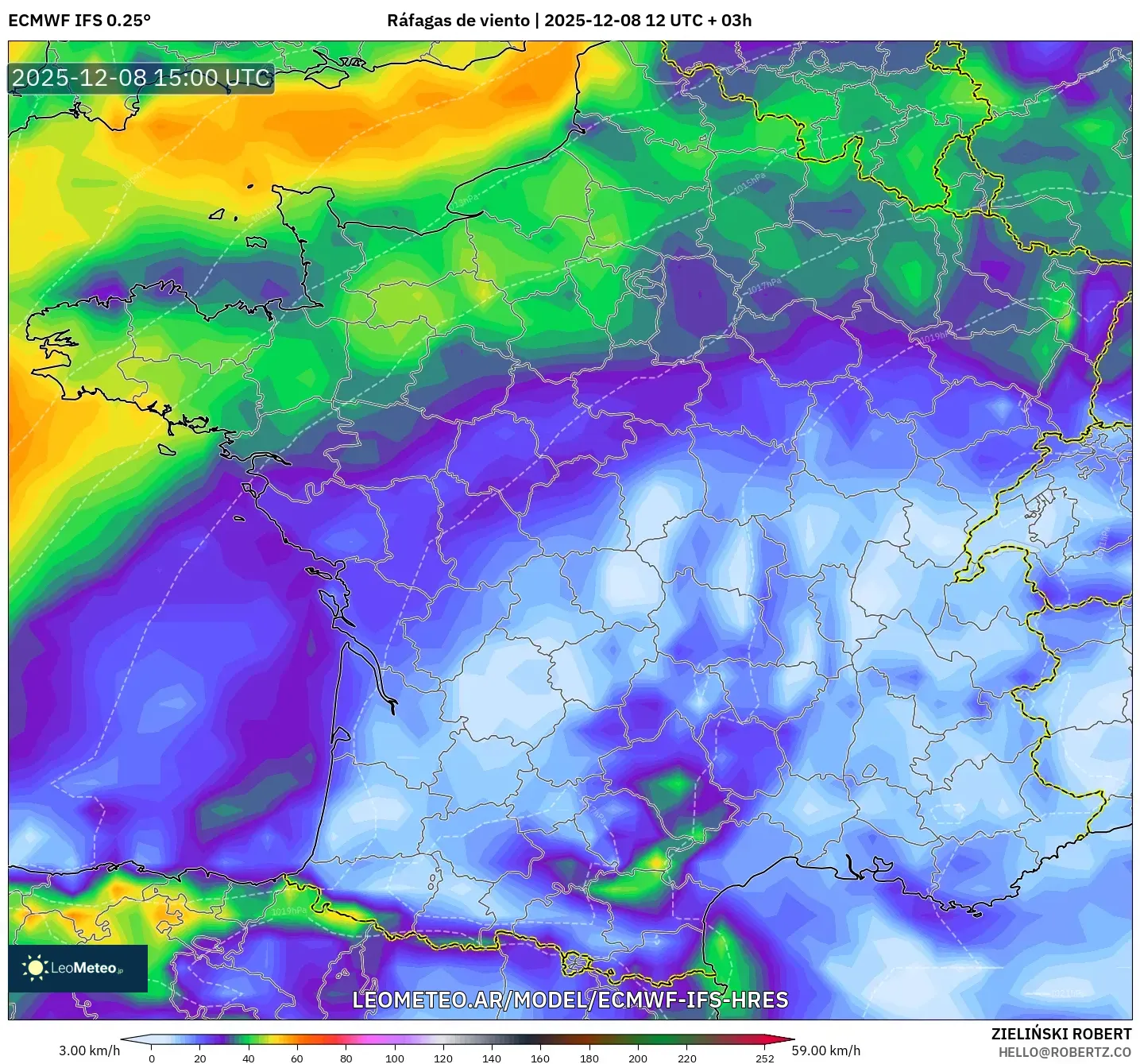 ECMWF IFS 0.25° model - Francia, Ráfagas de viento