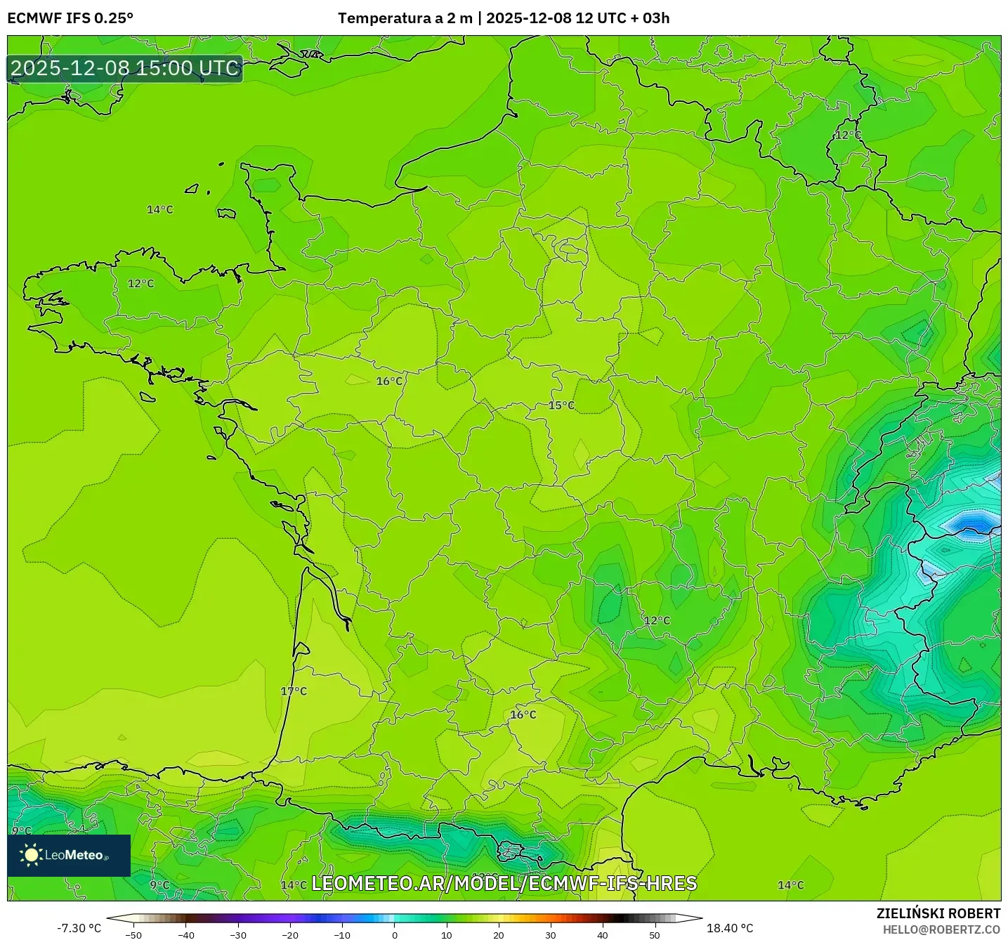 ECMWF IFS 0.25° model - Francia, Temperatura a 2 m