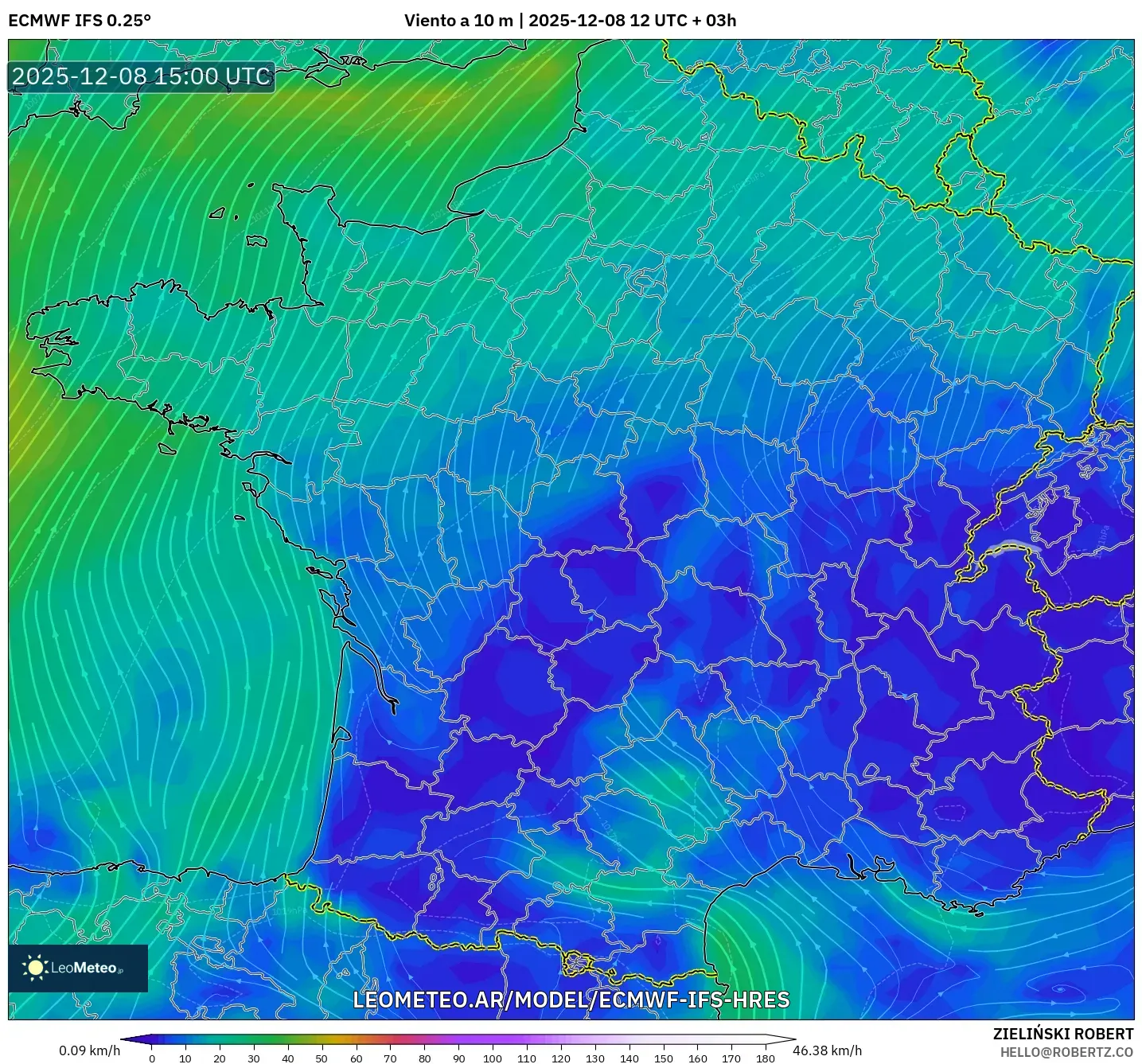 ECMWF IFS 0.25° model - Francia, Viento a 10 m