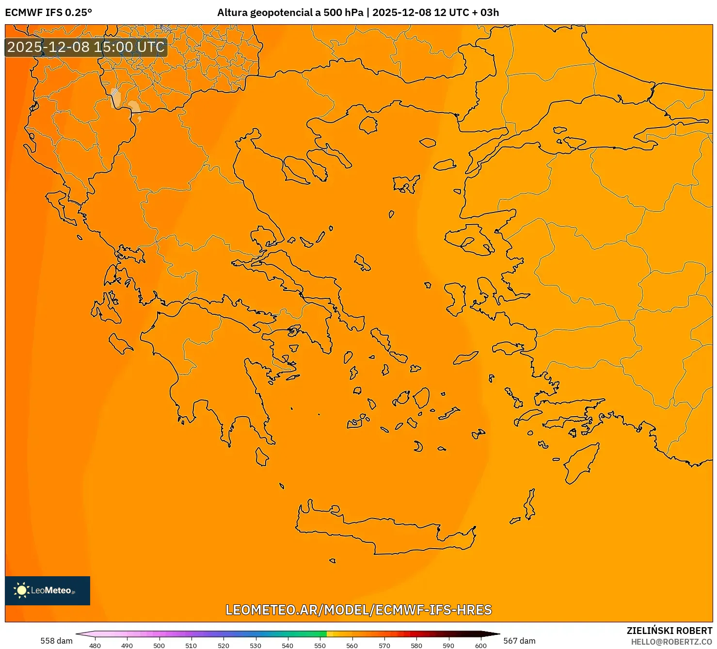 ECMWF IFS 0.25° model - Grecia, Altura geopotencial a 500 hPa
