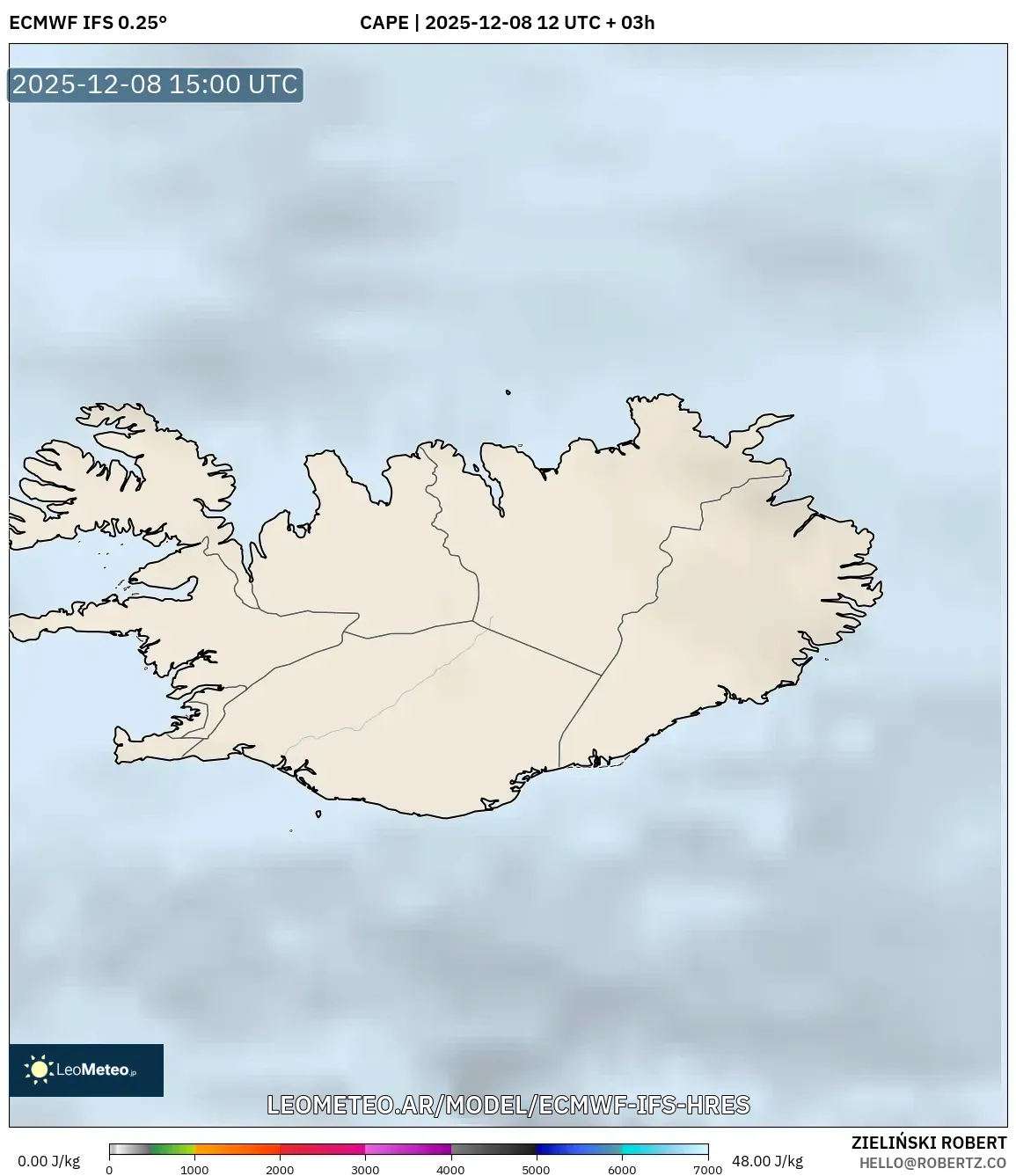 ECMWF IFS 0.25° model - Islandia, CAPE