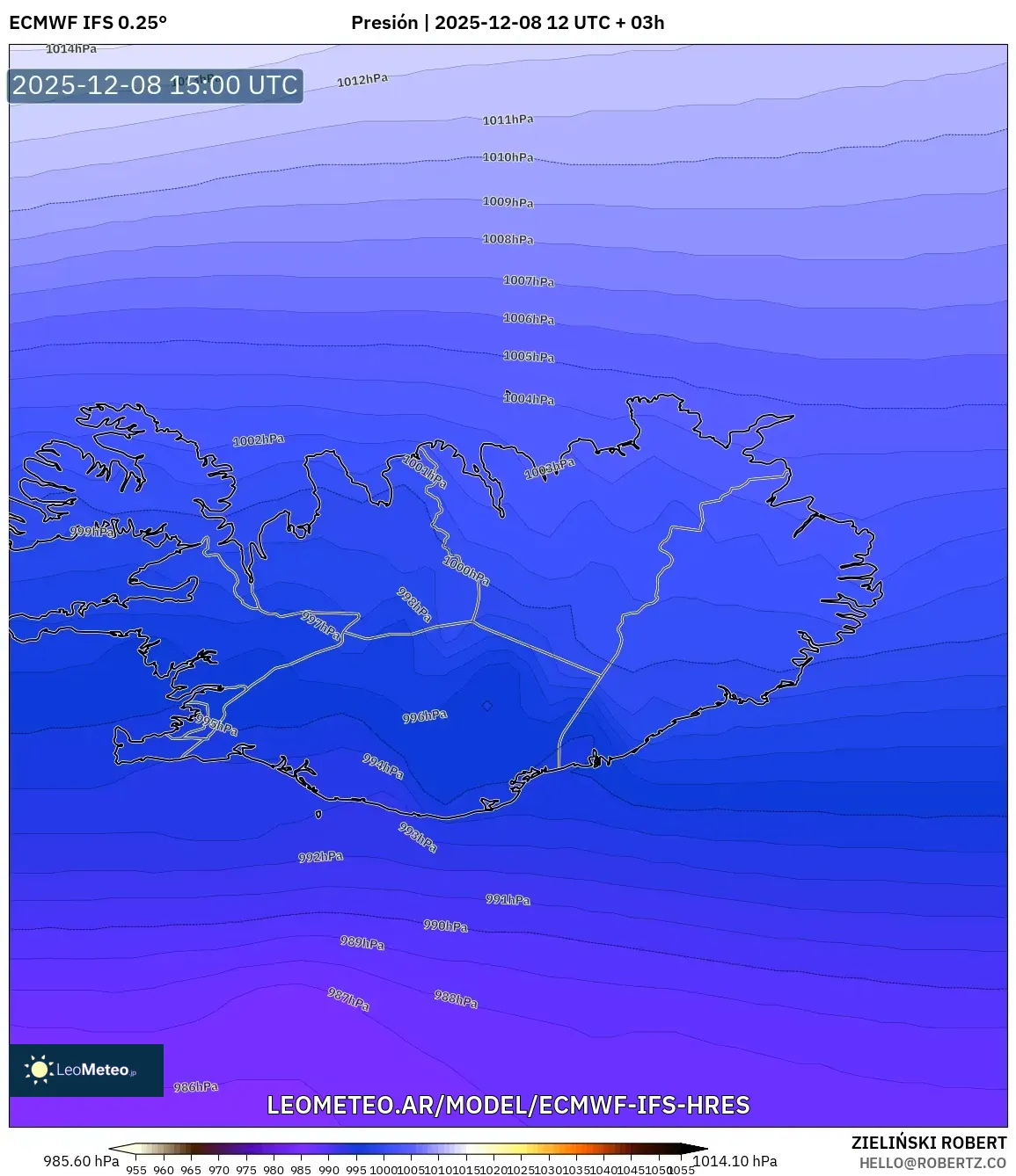 ECMWF IFS 0.25° model - Islandia, Presión