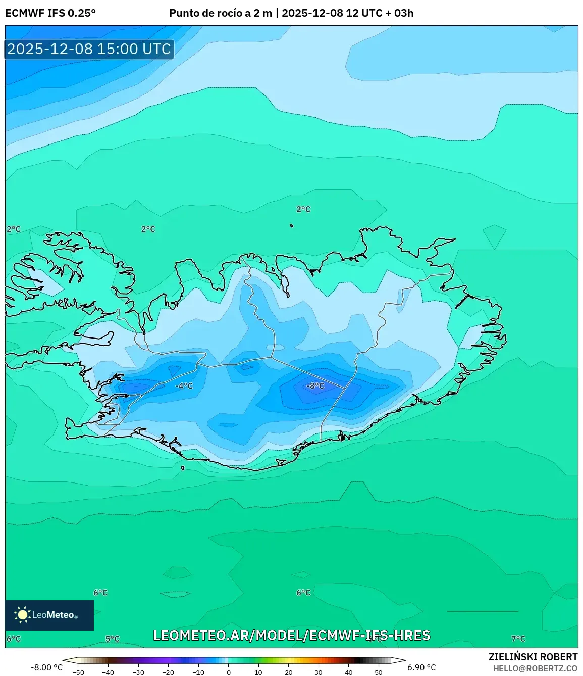 ECMWF IFS 0.25° model - Islandia, Punto de rocío a 2 m