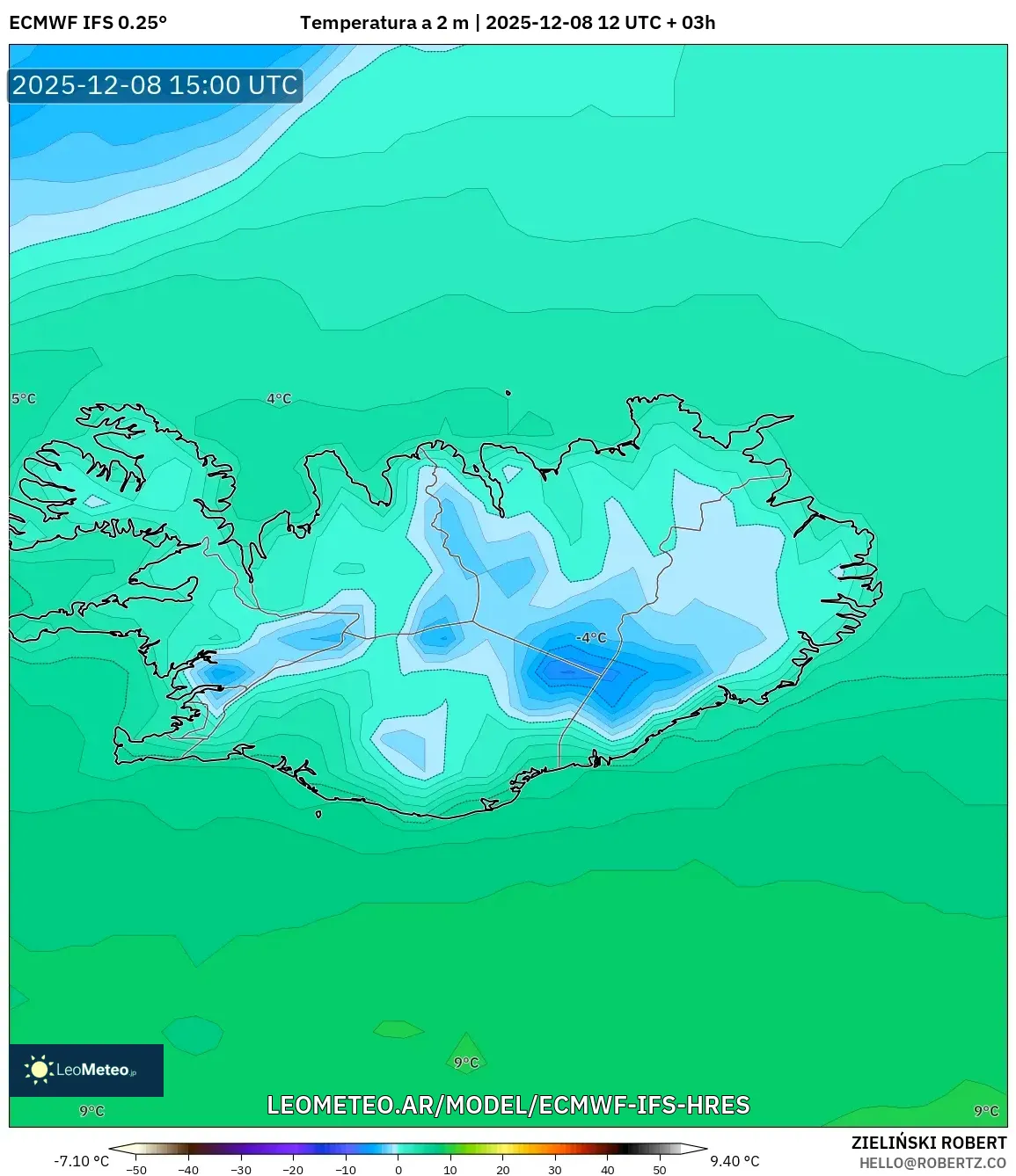 ECMWF IFS 0.25° model - Islandia, Temperatura a 2 m