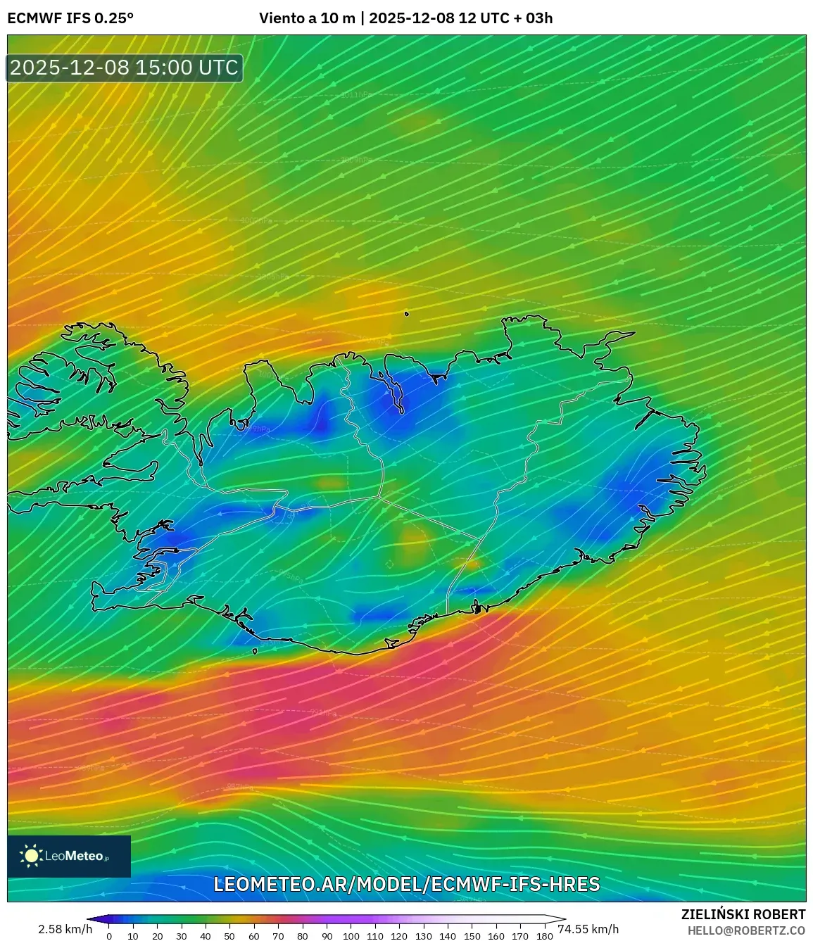 ECMWF IFS 0.25° model - Islandia, Viento a 10 m