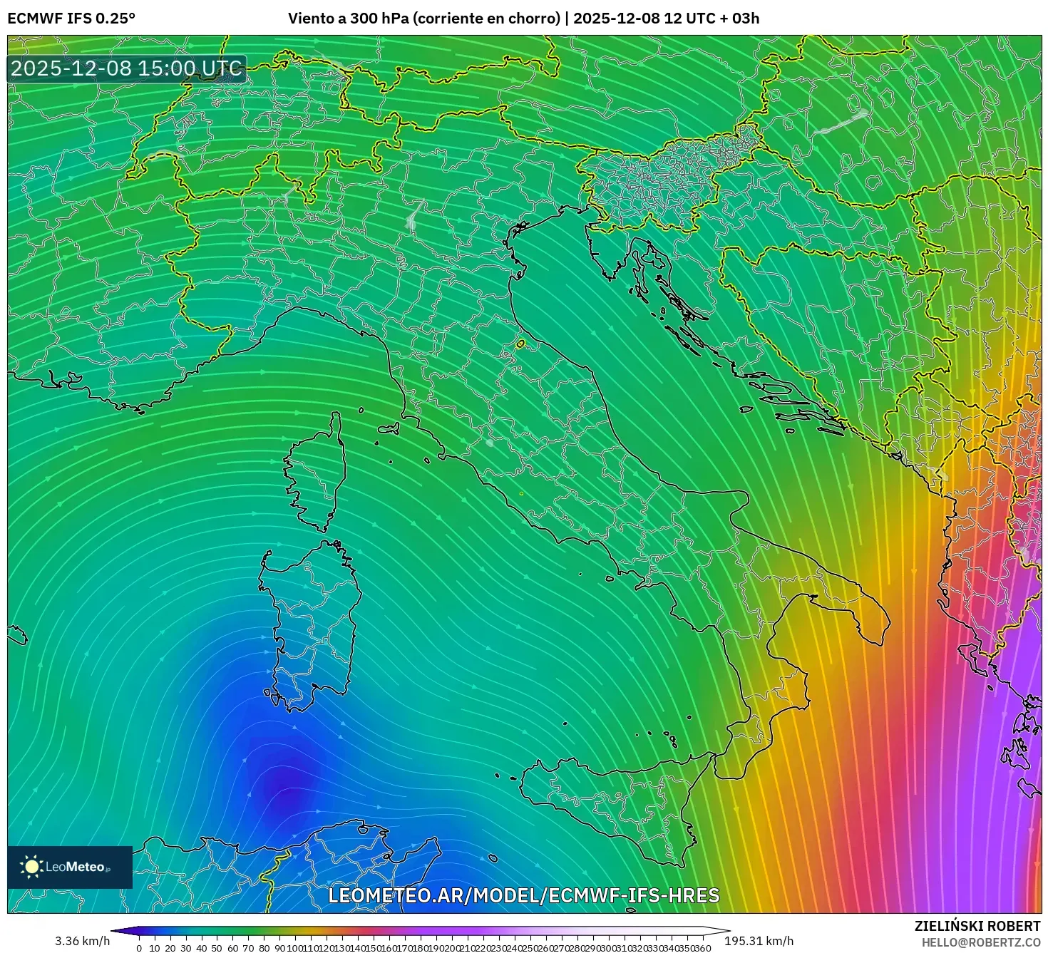 ECMWF IFS 0.25° model - Italia, Viento a 300 hPa (corriente en chorro)