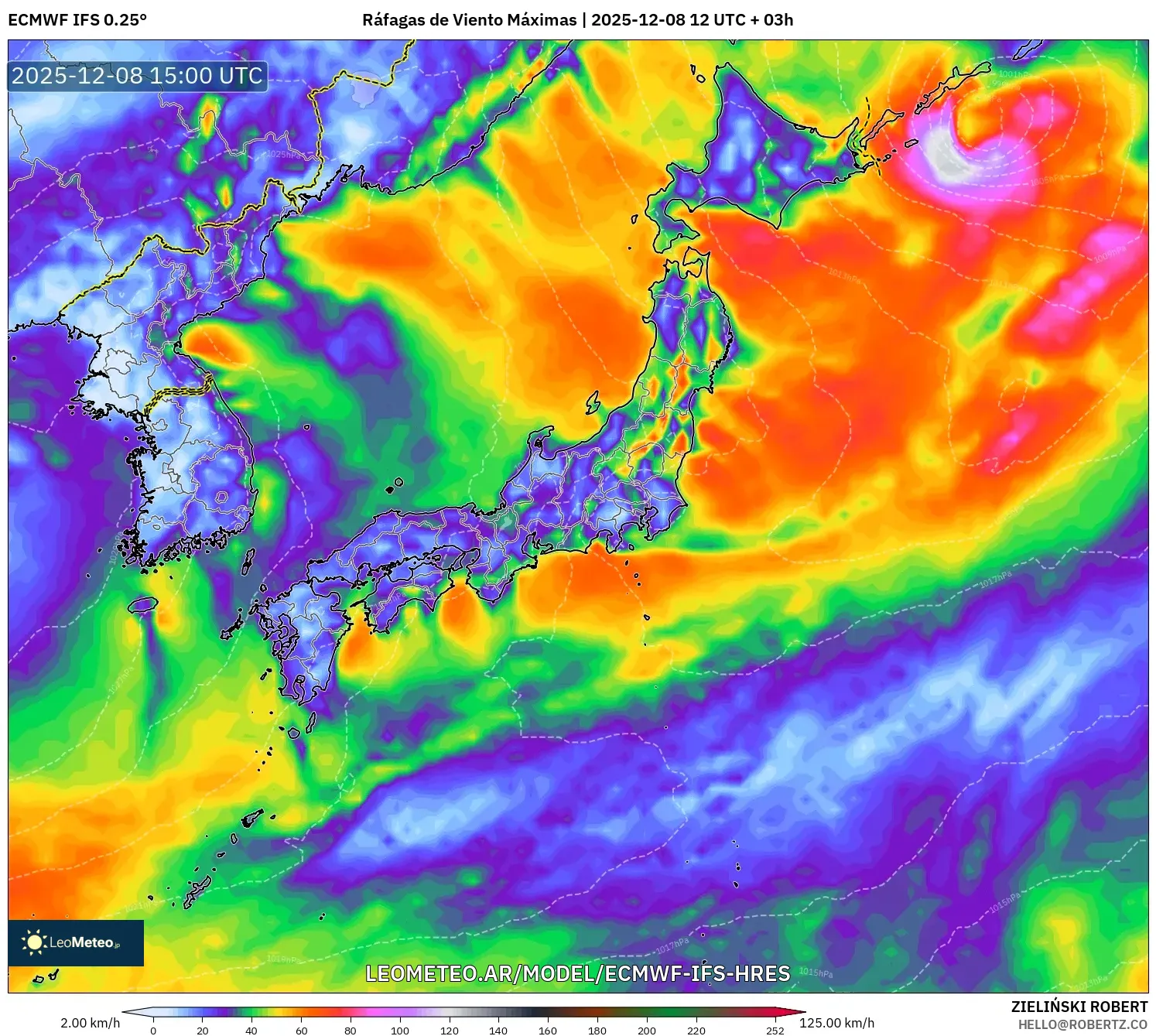 ECMWF IFS 0.25° model - Japón, Ráfagas de Viento Máximas