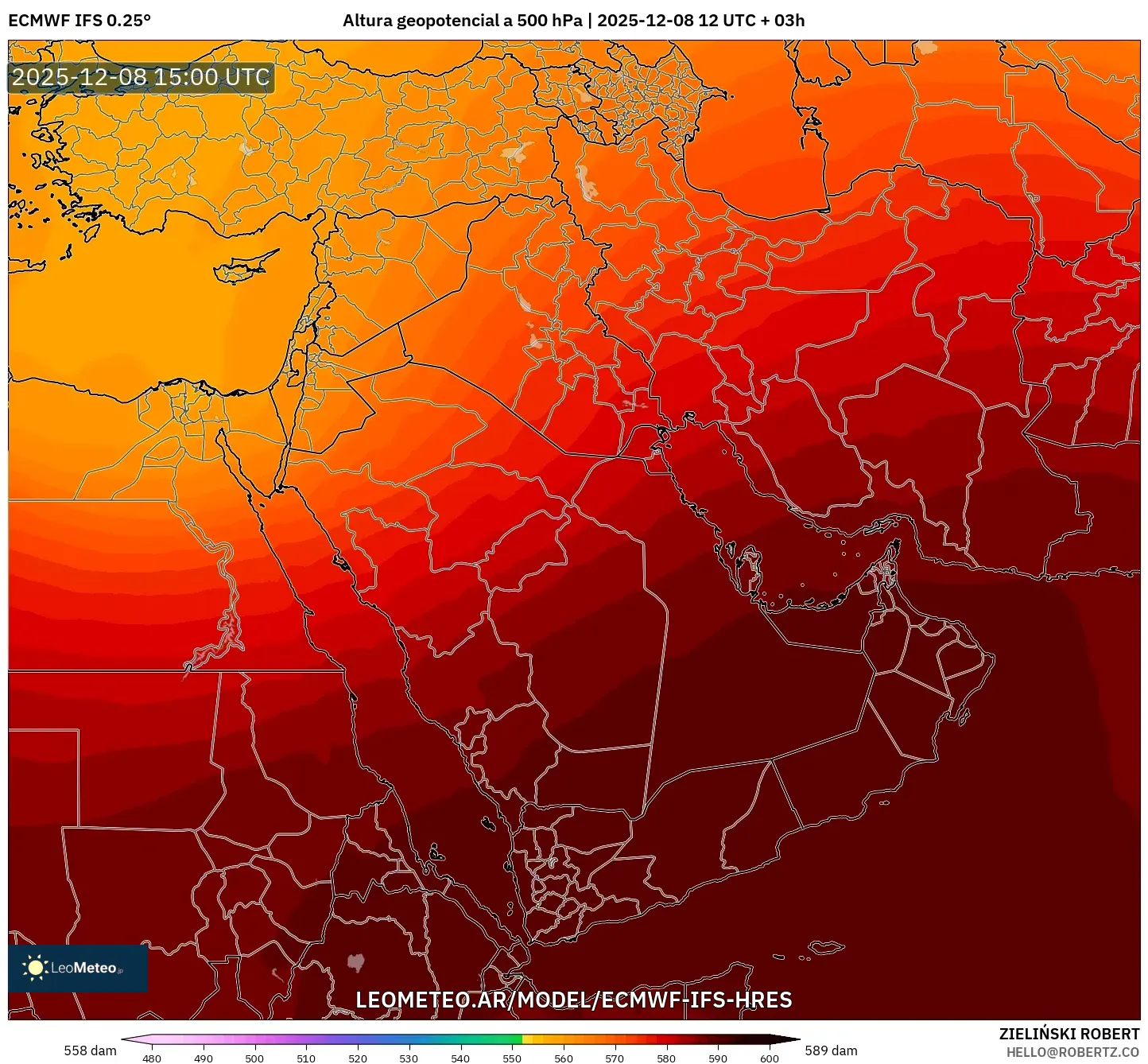 ECMWF IFS 0.25° model - Oriente Medio, Altura geopotencial a 500 hPa