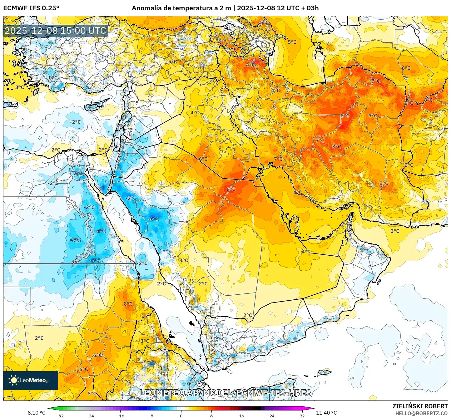 ECMWF IFS 0.25° model - Oriente Medio, Anomalía de temperatura a 2 m