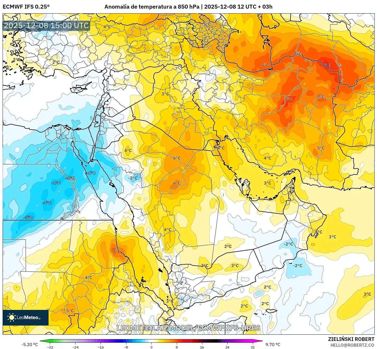ECMWF IFS 0.25° model - Oriente Medio, Anomalía de temperatura a 850 hPa