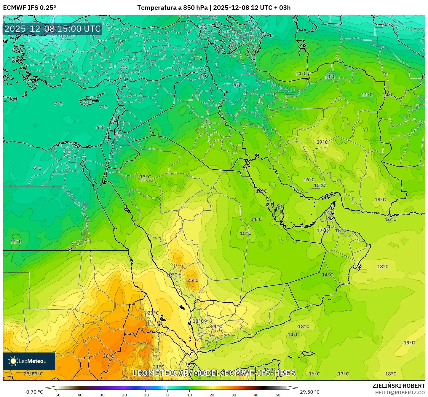 ECMWF IFS 0.25° model - Oriente Medio, Temperatura a 850 hPa