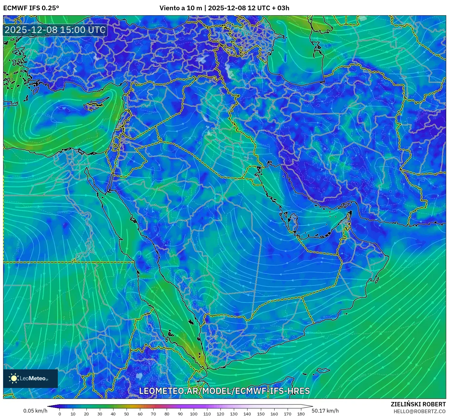 ECMWF IFS 0.25° model - Oriente Medio, Viento a 10 m