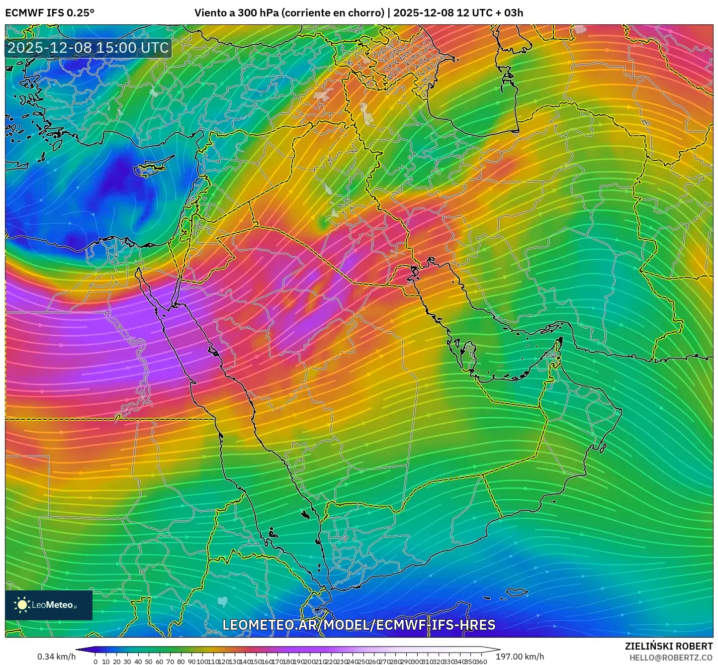 ECMWF IFS 0.25° model - Oriente Medio, Viento a 300 hPa (corriente en chorro)