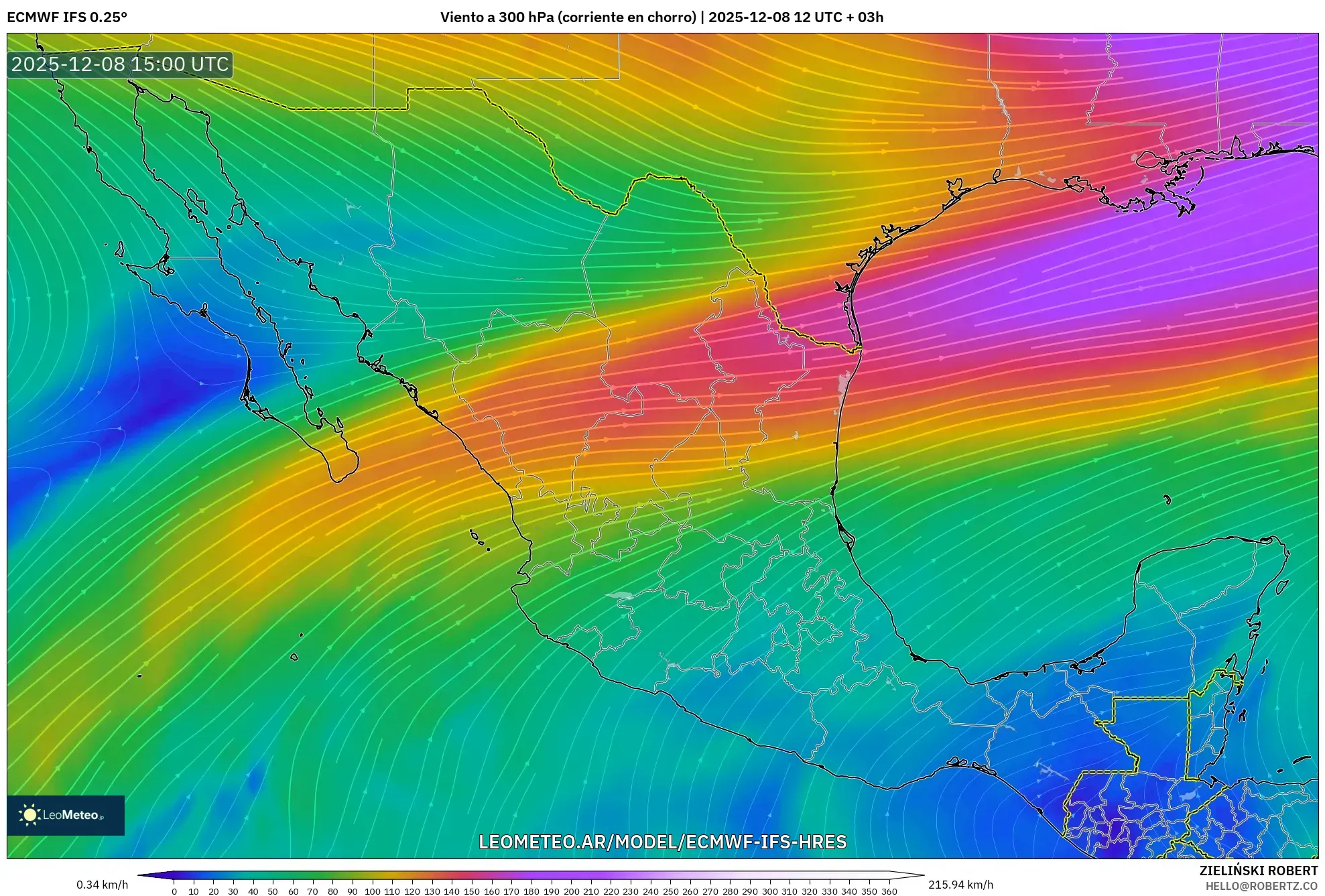ECMWF IFS 0.25° model - México, Viento a 300 hPa (corriente en chorro)
