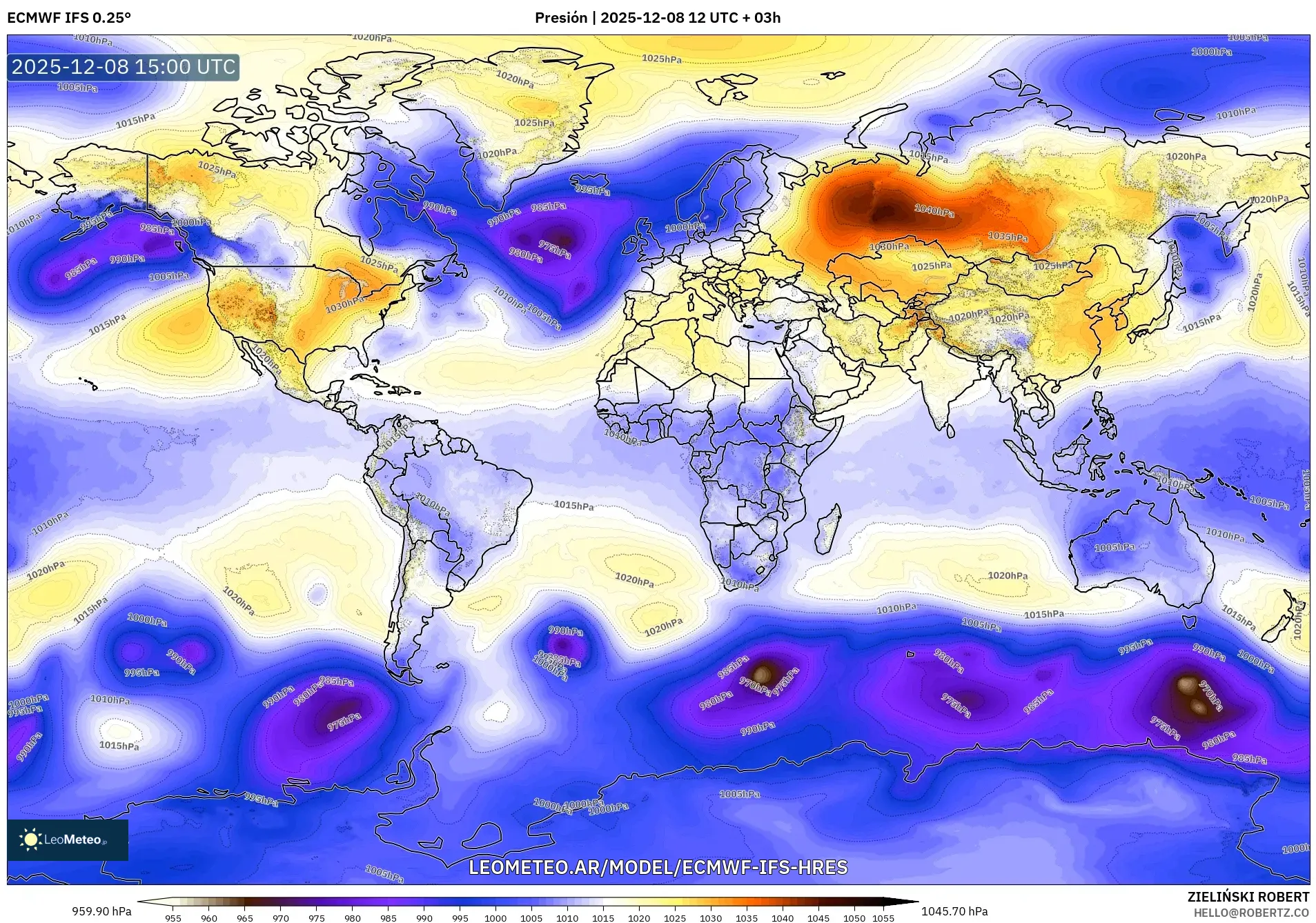 ECMWF IFS 0.25° model - Mundo, Presión