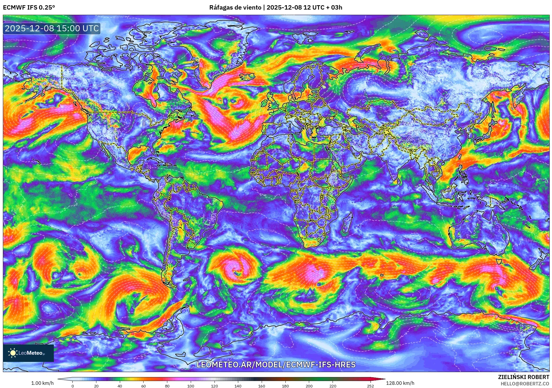 ECMWF IFS 0.25° model - Mundo, Ráfagas de viento
