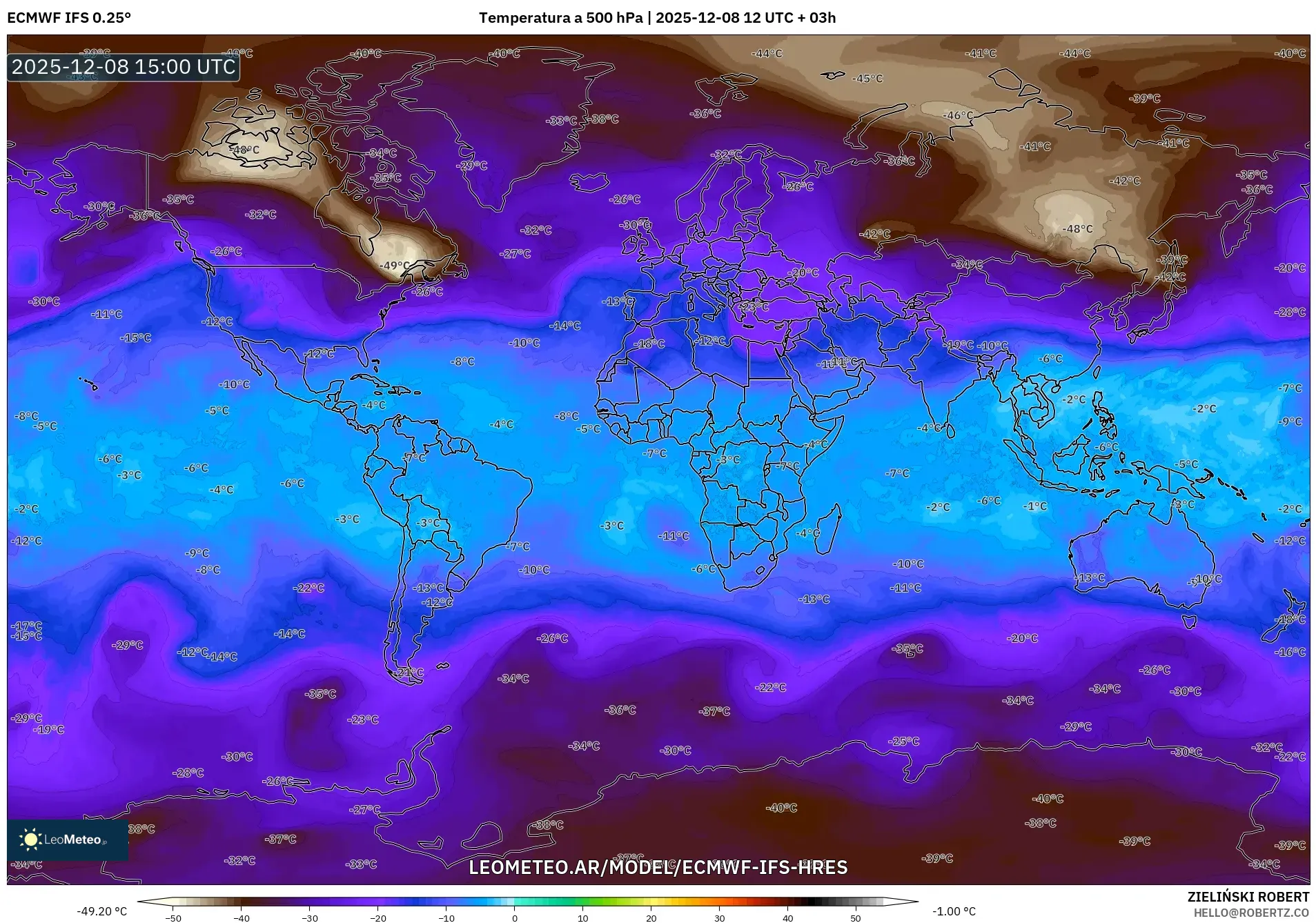 ECMWF IFS 0.25° model - Mundo, Temperatura a 500 hPa