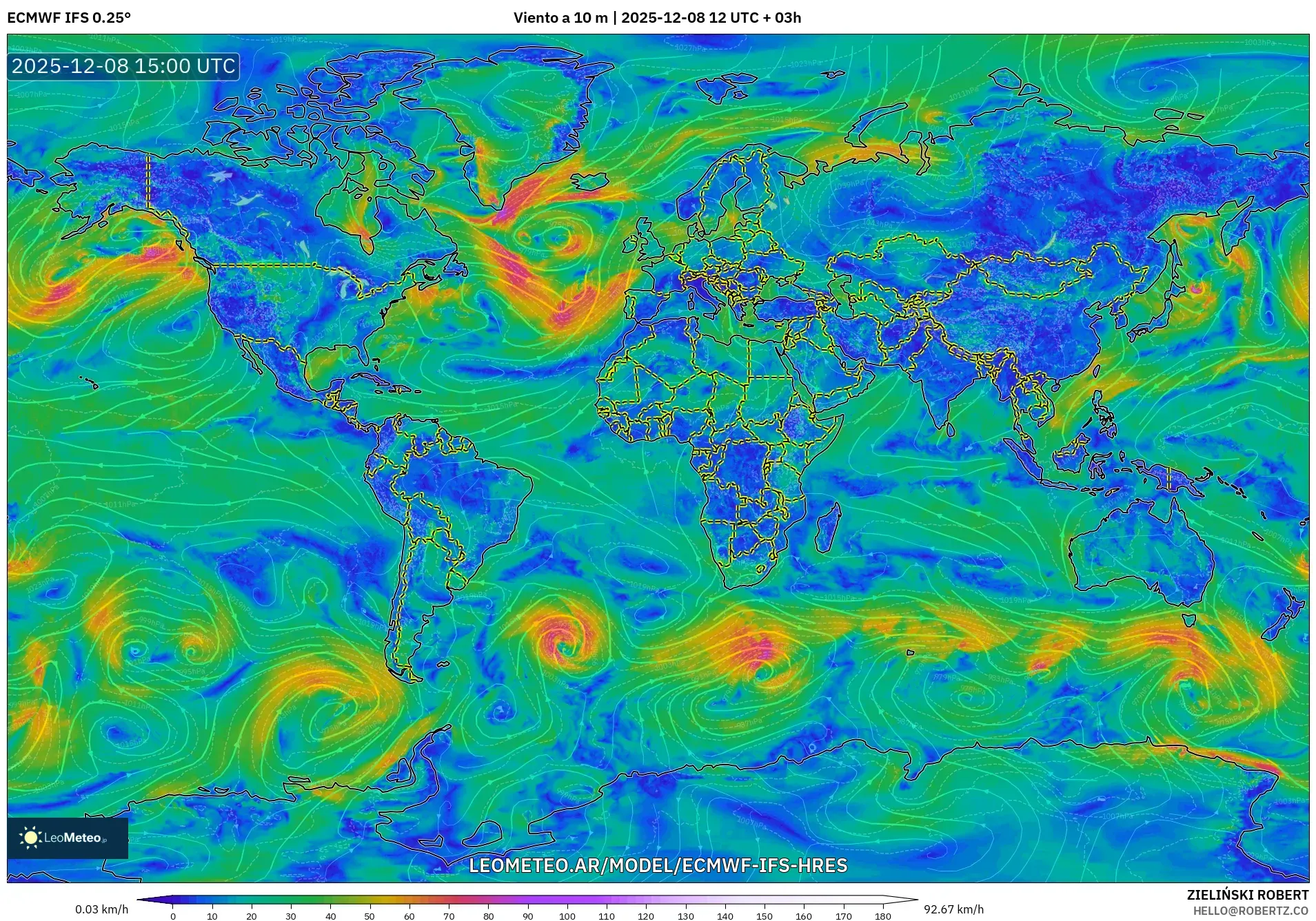 ECMWF IFS 0.25° model - Mundo, Viento a 10 m