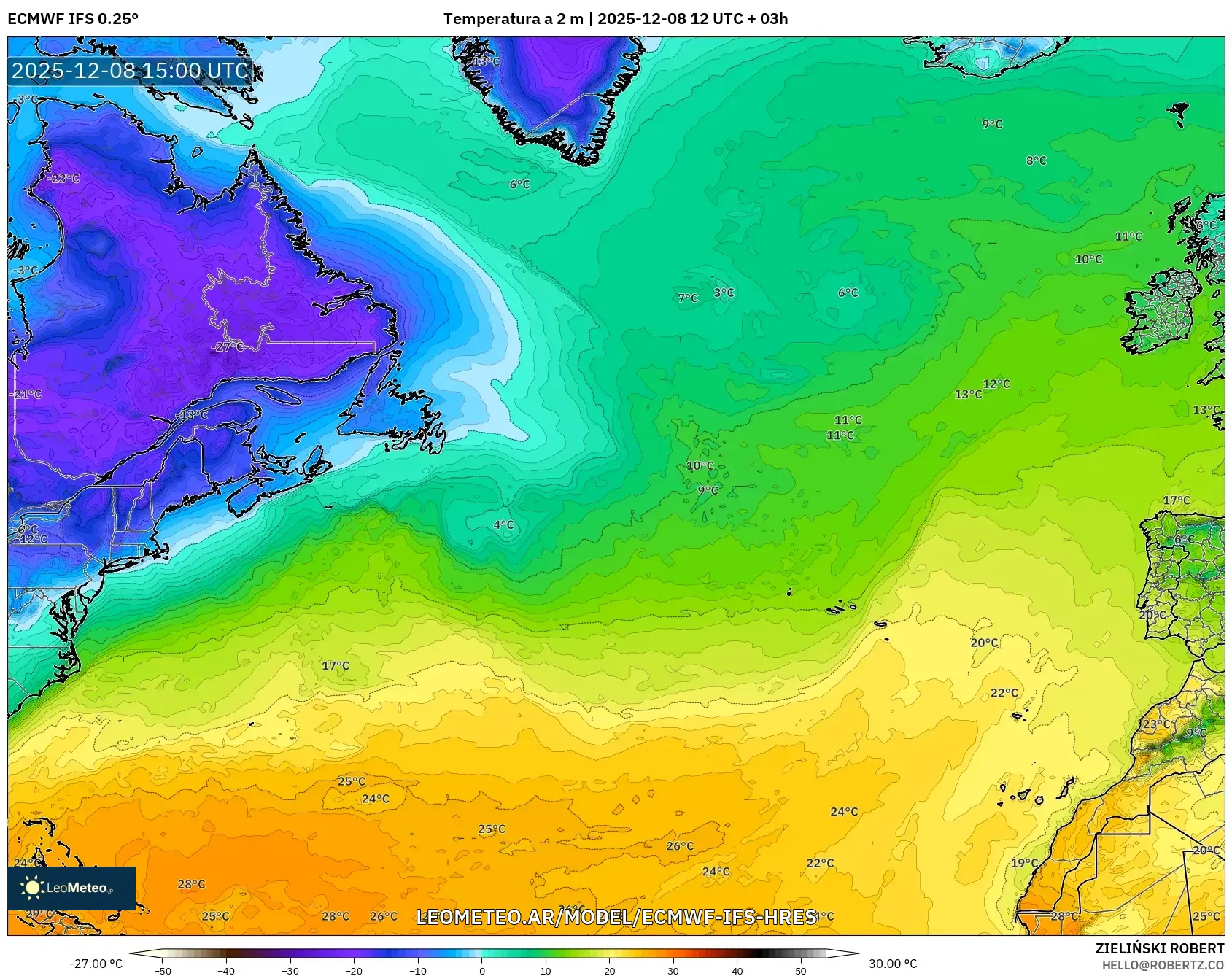 ECMWF IFS 0.25° model - Norte Atlántico, Temperatura a 2 m