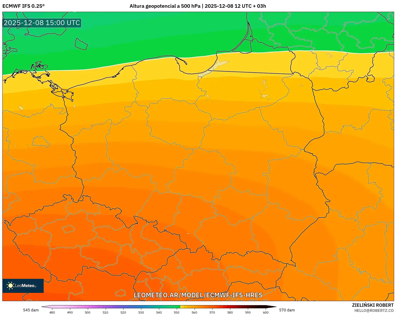 ECMWF IFS 0.25° model - Polonia, Altura geopotencial a 500 hPa