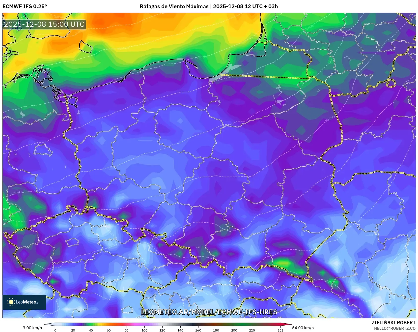 ECMWF IFS 0.25° model - Polonia, Ráfagas de Viento Máximas