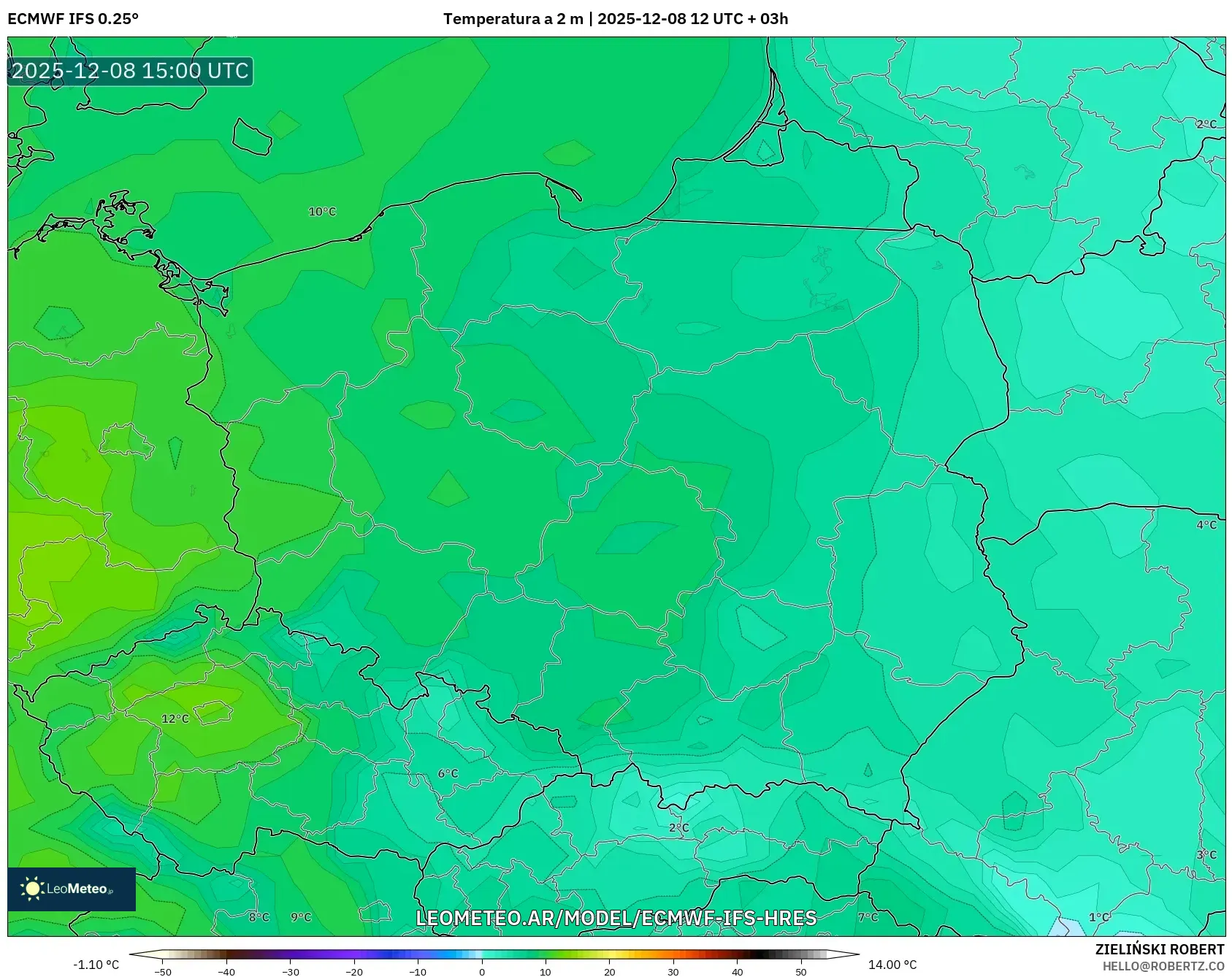 ECMWF IFS 0.25° model - Polonia, Temperatura a 2 m