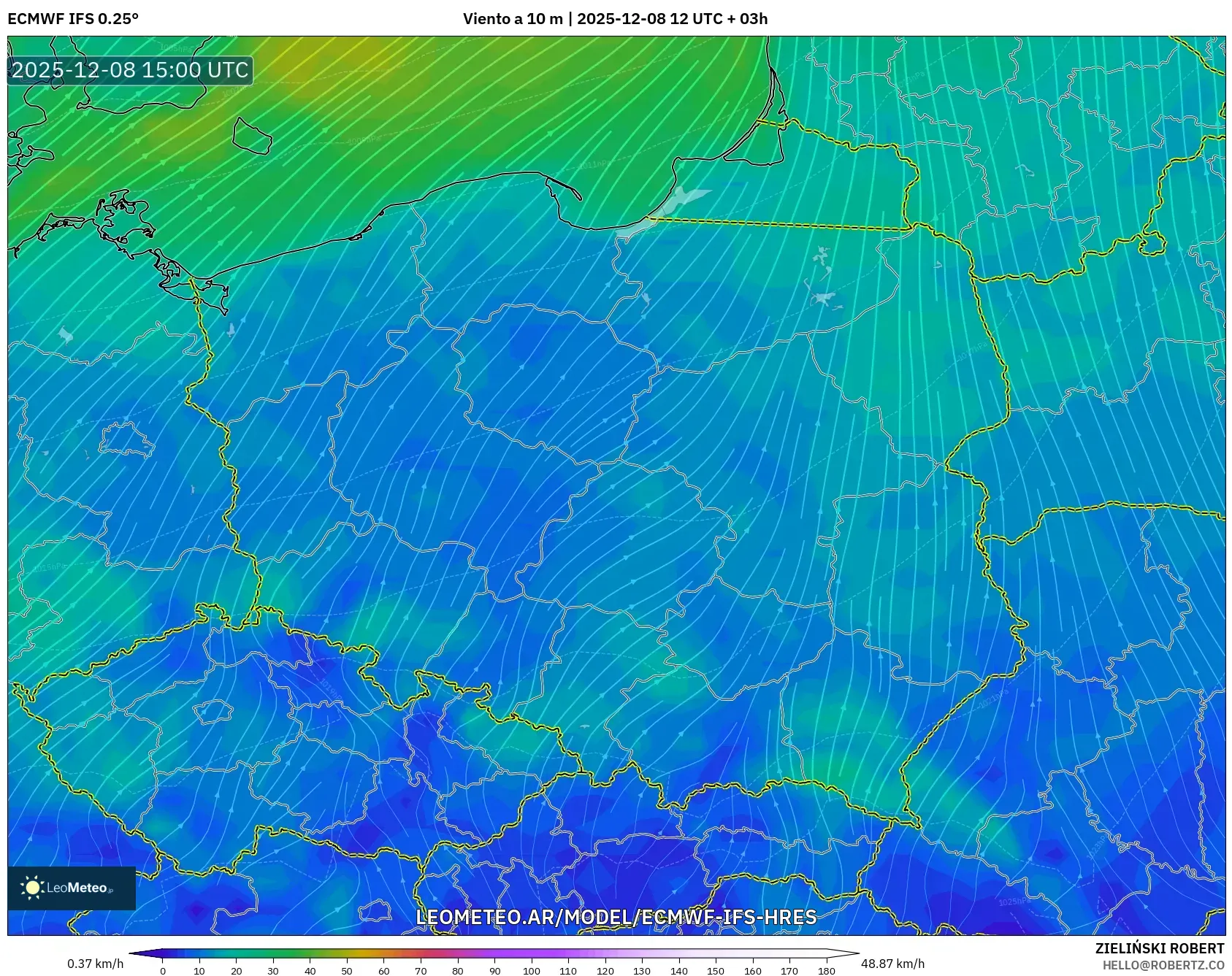 ECMWF IFS 0.25° model - Polonia, Viento a 10 m