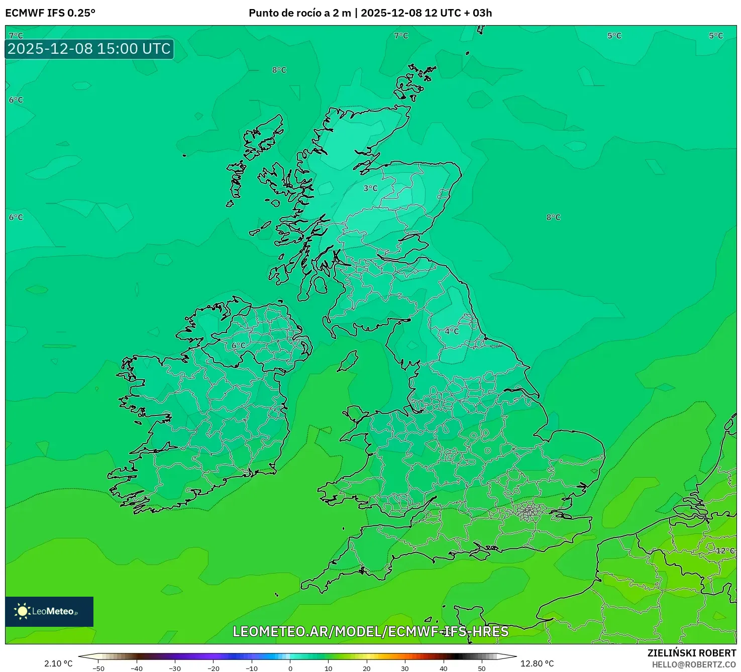 ECMWF IFS 0.25° model - Reino Unido, Punto de rocío a 2 m